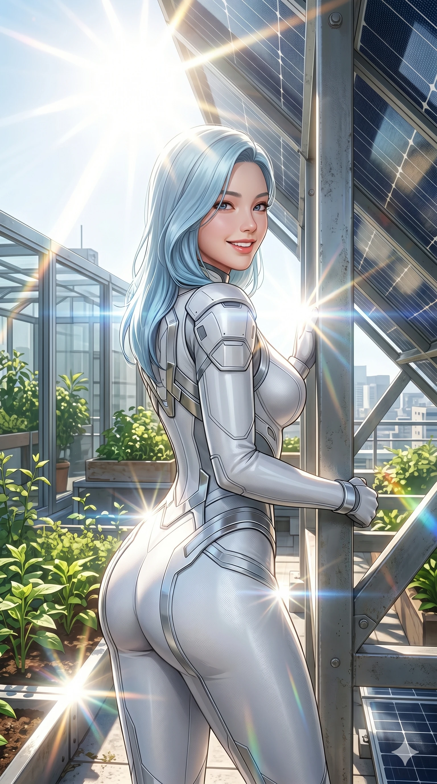 score_9, masterpiece, best quality, ultra-detailed, high-budget anime keyframe, semi-realistic 3D game render, Korean woman. Upper body close-up from the thighs up, character filling the screen for maximum presence. On an organic rooftop garden next to solar panels, leaning against a panel frame, looking back with a confident smile. She is wearing a sleek white and silver jumpsuit with structured shoulder panels. The scene is drenched in blindingly bright sun rays and sharp lens flares. 2k, ultra detail, master piece, 9:16 ratio