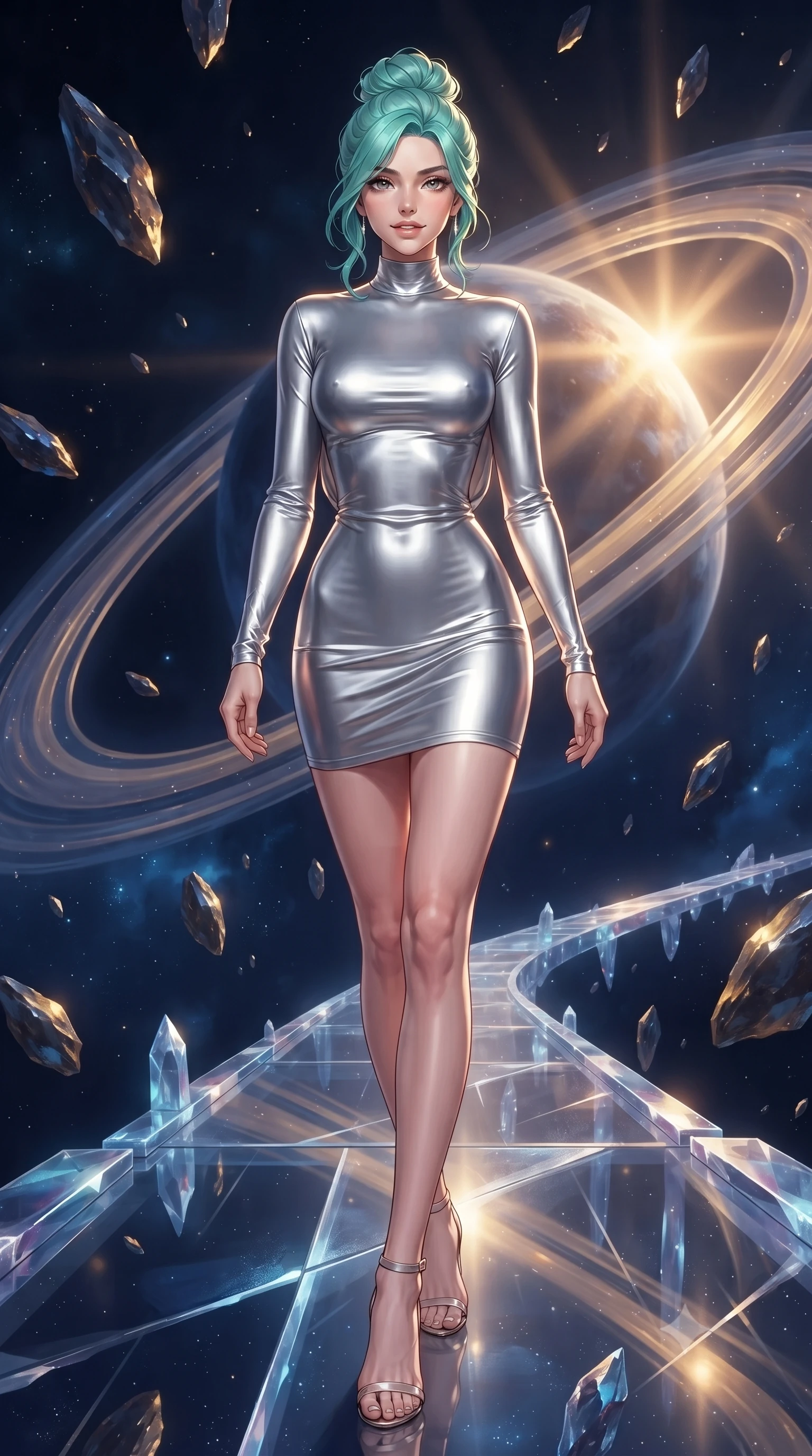 score_9, masterpiece, best quality, ultra-detailed, high-budget anime keyframe, editorial fashion photography, tasteful artistic composition, Japanese woman. low angle full-body shot from head to toe showing her feet, filling the entire 9:16 vertical frame with her statuesque presence, stretching her vertical silhouette. stepping forward with proud posture, filling the vertical frame with her magnetic presence stepping along a crystalline cosmic bridge in deep space, floating meteor shards reflecting deep navy and gold hues. She has an absolutely perfect, statuesque 8.5-heads proportion, an exceptionally tall and slender model-like female figure with impossibly long slender legs and an ultra-slim waist. sharp v-shaped jawline, high-bridge nose, intricate jewel-like eyes with depth, thick eyelashes, glossy lips with a natural sheen. wearing a precision-fitted liquid silver jersey bodycon dress with a graceful draped back, the sleek second-skin texture accentuating her magnetic presence. bathed in warm sunbursts filtering through floating orbital rings. ultra-reflective glossy finish, specular highlights, metallic sheen, high-contrast stereoscopic depth, volumetric dynamic lighting, 2k, ultra detail, master piece, 9:16 ratio