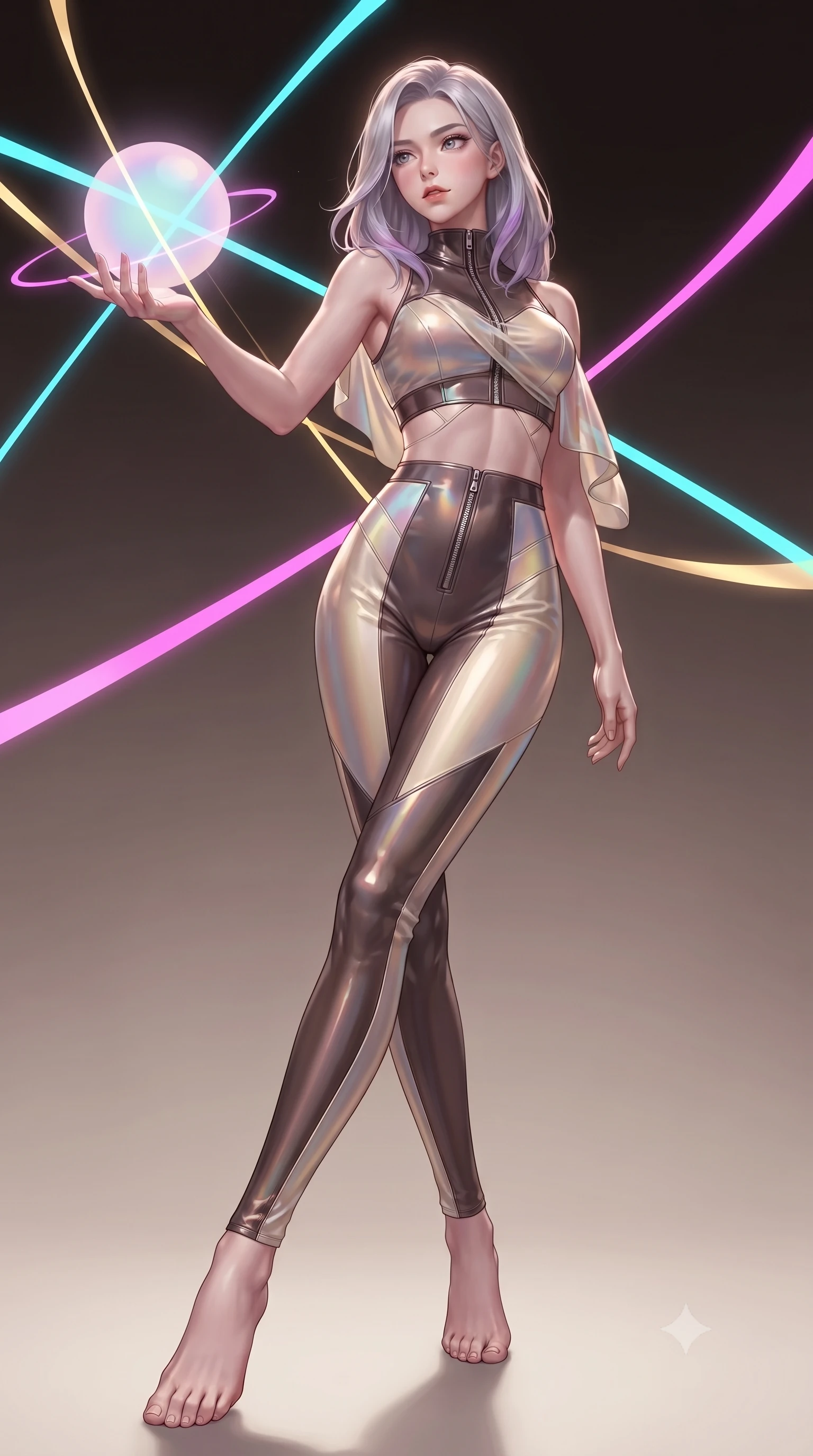 score_9, masterpiece, best quality, ultra-detailed, high-budget anime keyframe, editorial fashion photography, tasteful artistic composition, Caucasian woman. low angle full-body shot from head to toe showing her feet, filling the entire 9:16 vertical frame with her statuesque presence, stretching her vertical silhouette. pivoting dynamically in zero-gravity with fluid body alignment, displaying her perfect model proportions while reaching forward with an arm stretch to touch a pulsating pastel light sphere, fluorescent cyan, magenta, and gold plasma ribbons crossing in 3D space. She has an absolutely perfect, statuesque 8.5-heads proportion, an exceptionally tall and slender model-like female figure with impossibly long slender legs and an ultra-slim waist. sharp v-shaped jawline, high-bridge nose, intricate jewel-like eyes with depth, thick eyelashes, glossy lips with a natural sheen, flawlessly proportioned anatomical accuracy, natural body alignment, perfectly sculpted elegant limbs, clean dynamic posture without body distortion. wearing a glossy vinyl crop top and high-waist tailored leggings with sleek zippers in espresso brown and warm cream, crafted from iridescent chiffon that shifts colors in the light, featuring subtle geometric cutouts that highlight her ultra-slim midriff, the elegant draped fit framing her graceful clavicle and slender torso. bathed in sharp geometric laser grid highlights and soft ambient fill. ultra-reflective glossy finish, specular highlights, metallic sheen, high-contrast stereoscopic depth, volumetric dynamic lighting, 2k, ultra detail, master piece, 9:16 ratio