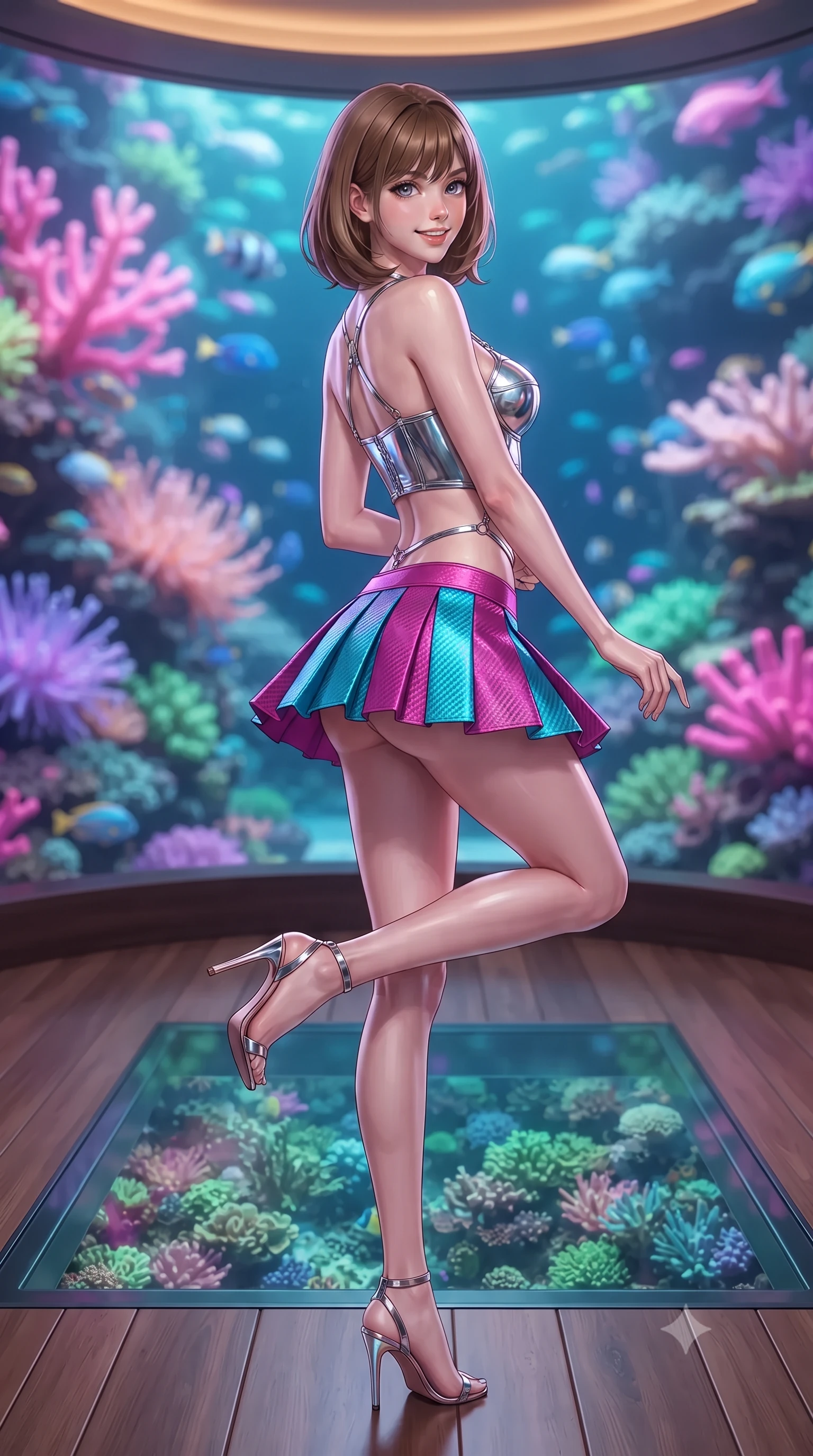 score_9, masterpiece, best quality, ultra-detailed, high-budget anime keyframe, editorial fashion photography, tasteful artistic composition, Caucasian woman. low angle full-body shot from head to toe showing her feet, filling the entire 9:16 vertical frame with her statuesque presence, stretching her vertical silhouette. executing a slow, graceful pivot turn as her skirt sways around her slender legs, glancing back with an enchanting, teasing sensual expression while standing poised on the teak and glass observatory floor surrounded by living fluorescent neon corals, arching her lower back with magnetic siren charisma. The background shows a soft-focus living neon pink, lime, and violet fluorescent branching corals, pulsing sea anemones, and schools of electric reef fish blurred into coral, turquoise, and violet bokeh. She has an exceptionally tall and slender model-like 8.5-heads proportion, an ultra-slim waist, a flat toned midriff, narrow delicate ribcage, and beautifully sculpted feminine hips creating a graceful, slim hourglass silhouette without any bulky heaviness, with impossibly long slender legs. sharp v-shaped jawline, high-bridge nose, intricate jewel-like sparkling eyes with depth, thick eyelashes, glossy parted lips with a natural peach sheen, bright cheerful beaming smile with an enchanting and coquettish sensual glint, exuding both youthful cute charm and seductive allure, flawlessly proportioned anatomical accuracy, strict slender model proportions, natural body alignment, perfectly sculpted long slender limbs, ultra-slim waistline, clean dynamic posture without body distortion. wearing a chrome-plated structured underwire bustier top paired with an ultra-short low-rise pleated micro mini skirt in Neo-Tokyo neon magenta and electric cyan, woven from structured carbon-fiber jacquard with rich textural depth, accented with a chrome-drop body harness subtly framing her dewy collarbones and spine, the second-skin tailored fabric adhering flawlessly to her sculpted flat midriff and slender torso, emphasizing her long leg lines and perfectly proportioned willowy build. bathed in the glowing natural fluorescence of deep corals combined with warm 2500K interior recessed cove lighting. ultra-reflective glossy finish, specular highlights, rich textural contrasts, high-contrast stereoscopic depth, volumetric dynamic lighting, 2k, ultra detail, master piece, 9:16 ratio