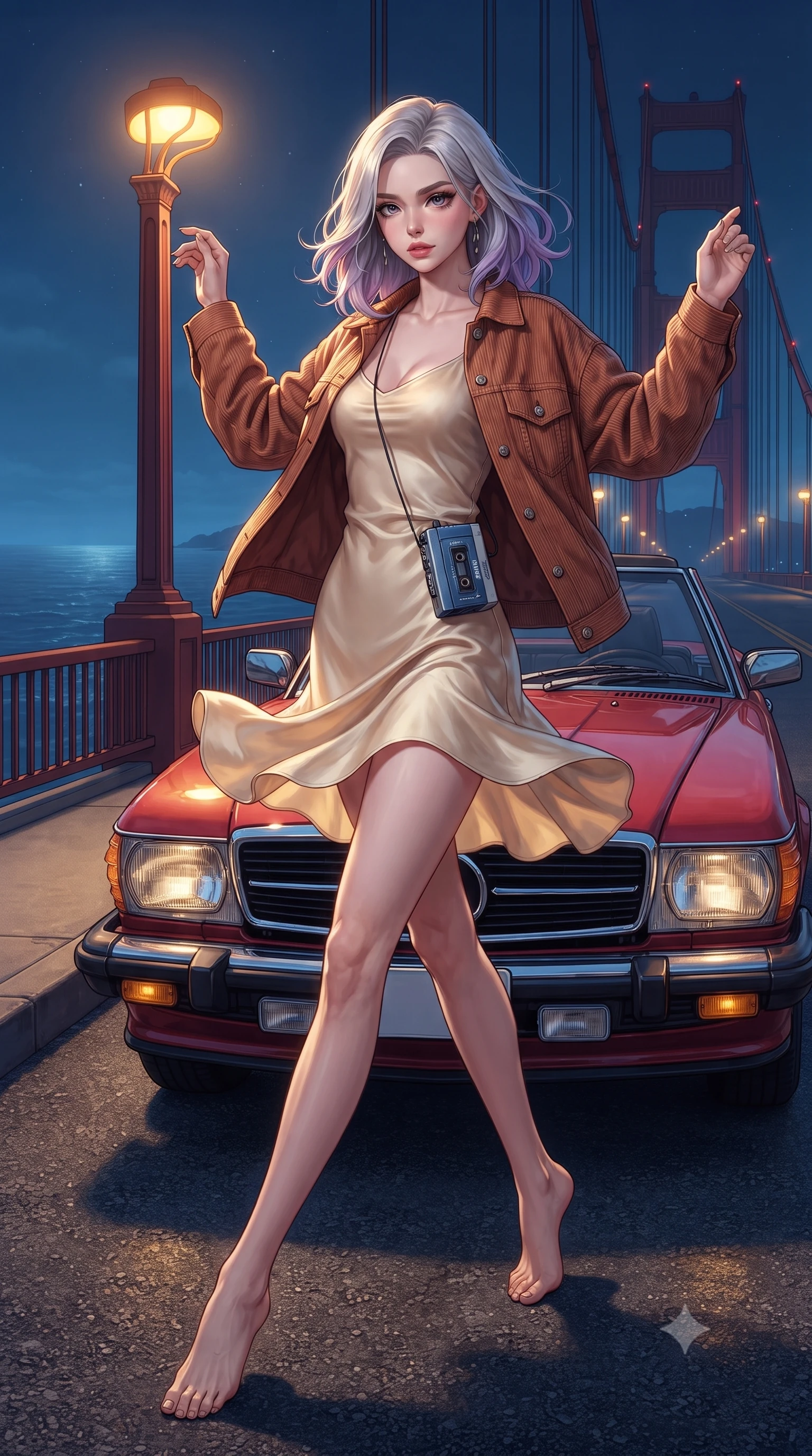score_9, masterpiece, best quality, ultra-detailed, high-budget anime keyframe, editorial fashion photography, tasteful artistic composition, Caucasian woman. low angle full-body shot from head to toe showing her feet, filling the entire 9:16 vertical frame with her statuesque presence, stretching her vertical silhouette. executing an elegant mid-motion spin with effortless grace, her garments fluttering softly around her ultra-slim waistline while leaning against the hood of a cherry-red vintage 1980s convertible parked on a coastal suspension bridge at midnight. The surrounding environment is rendered in vivid detail and crisp panoramic clarity. detailed ocean water surface textures, art-deco lamp post reliefs, and asphalt grain in high resolution. She has an absolutely perfect, statuesque 8.5-heads proportion, an exceptionally tall and slender model-like female figure with impossibly long slender legs, a toned flat midriff, and an ultra-slim waist. sharp v-shaped jawline, high-bridge nose, intricate jewel-like eyes with depth, thick eyelashes, glossy lips with a natural sheen, captivating and magnetic expression, flawlessly proportioned anatomical accuracy, strict slender model proportions, natural body alignment, perfectly sculpted long slender limbs, ultra-slim waistline, clean dynamic posture without body distortion. wearing a romantic 90s silk satin slip dress layered under an unbuttoned vintage oversized denim jacket in warm terracotta and oatmeal beige, tailored from soft fine-wale corduroy with rich velvety texture, accessorized with a vintage portable cassette Walkman clipped to her waistband, the sleek tailored cut tightly hugging her graceful clavicle, narrow waist, and feminine curves with statuesque precision. bathed in warm yellow streetlamp illumination and cool blue midnight sky ambient fill. ultra-reflective glossy finish, specular highlights, rich textural contrasts, high-contrast stereoscopic depth, volumetric dynamic lighting, 2k, ultra detail, master piece, 9:16 ratio