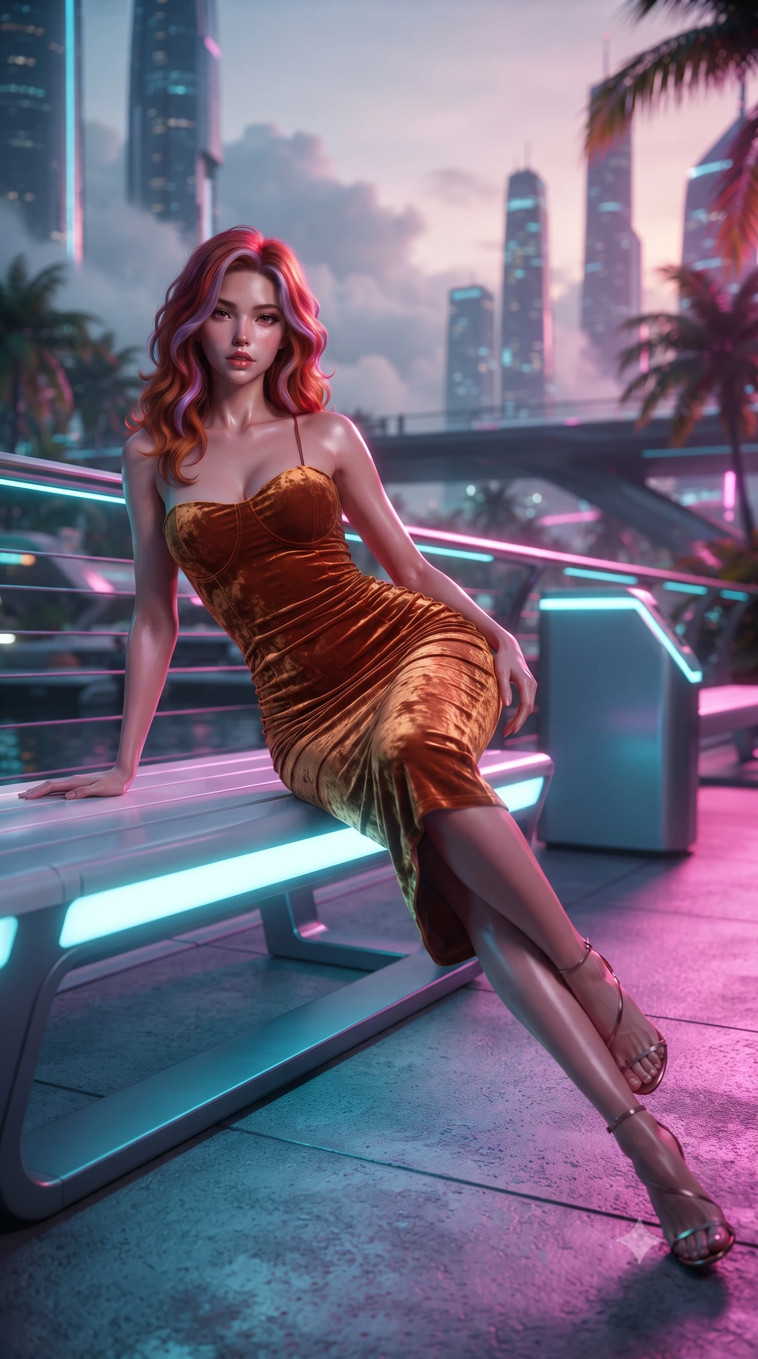 score_9, masterpiece, best quality, ultra-detailed, high-budget anime keyframe, editorial fashion photography, tasteful artistic composition, Caucasian woman. low angle full-body shot from head to toe showing her feet, filling the entire 9:16 vertical frame with her statuesque presence, stretching her vertical silhouette. striding forward in a proud supermodel runway stride, hips swaying in an alluring kinetic rhythm that accentuates her curvy hourglass silhouette while reclining on a sleek luminescent outdoor bench along the aerial walkway, her long slender legs and curvy hips sculpted by vibrant tropical neon light. The composition keeps background elements in soft focus with creamy bokeh. distant futuristic marina skyscrapers and tropical mist clouds softened in sleek cyberpunk shallow focus. She has an exceptionally tall and slender model-like 8.5-heads proportion, an ultra-slim waist, a flat toned midriff, narrow delicate ribcage, and beautifully sculpted feminine hips creating a graceful, slim hourglass silhouette without any bulky heaviness, with impossibly long slender legs. sharp v-shaped jawline, high-bridge nose, intricate jewel-like eyes with depth, thick eyelashes, glossy parted lips with a natural sheen, intensely captivating and seductive bedroom-eyes expression, flawlessly proportioned anatomical accuracy, strict slender model proportions, natural body alignment, perfectly sculpted long slender limbs, ultra-slim waistline, clean dynamic posture without body distortion. wearing an ultra-fitted strapless bustier midi dress with side hip ruching and exposed spine in rich copper bronze and warm amber, crafted from heavyweight crushed silk velvet with liquid vintage luster, finished with criss-cross back satin straps highlighting her graceful shoulder blades, the glove-like aerodynamic silhouette tightly following the natural contour of her hips and long slender legs with statuesque 8.5-heads elegance. bathed in rich magenta and cyan bioluminescent light contrasting with warm tropical ambient twilight. ultra-reflective glossy finish, specular highlights, rich textural contrasts, high-contrast stereoscopic depth, volumetric dynamic lighting, 2k, ultra detail, master piece, 9:16 ratio