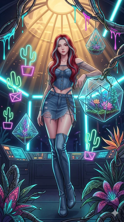 score_9, masterpiece, best quality, ultra-detailed, high-budget anime keyframe, Japanese woman. low angle full-body shot filling the entire 9:16 frame with her statuesque presence, stretching the vertical silhouette. standing in a retro-futuristic sy