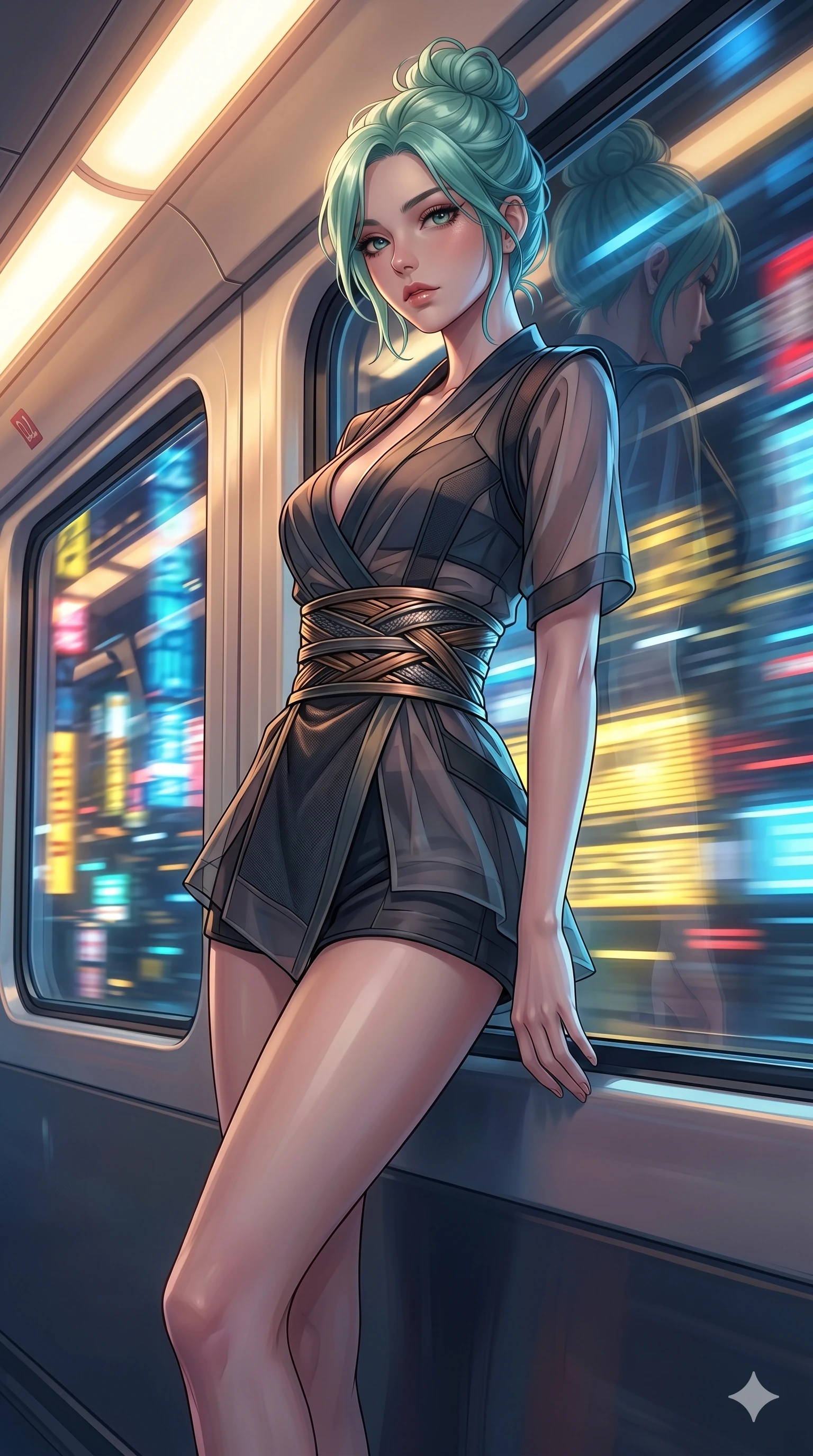score_9, masterpiece, best quality, ultra-detailed, high-budget anime keyframe, editorial fashion photography, tasteful artistic composition, Japanese woman. Upper body close-up from the thighs up, character filling the screen for maximum presence. She is leaning against a train window in a speeding magnetic train, with city neon lights blurring outside. She turns her face to the camera with a sultry, contemplative expression. She has an absolutely perfect 8-heads proportion, an exceptionally tall and slender female figure with impossibly long slender legs and an ultra-slim waist. V-shaped jawline, high-bridge nose, intricate jewel-like eyes with depth, thick eyelashes, glossy lips with a natural sheen. She is wearing a shortened cyber-fusion wrap top with transparent chiffon panels, a deep crossover neckline, and a high-waisted metallic sash that accentuates her ultra-slim waist. The scene is bathed in passing yellow and blue city lights and a soft glowing interior ceiling light. 2k, ultra detail, master piece, 9:16 ratio