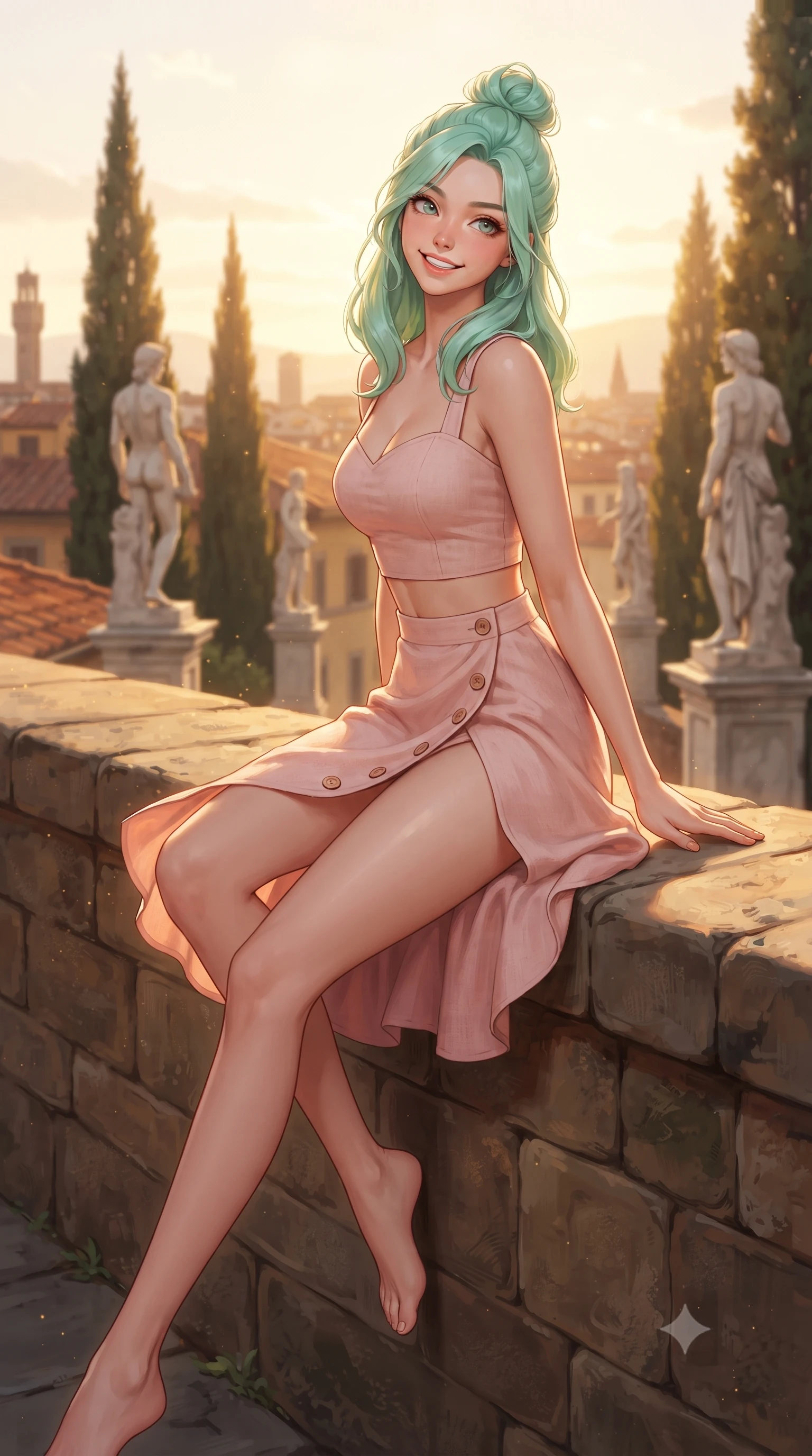 score_9, masterpiece, best quality, ultra-detailed, high-budget anime keyframe, editorial fashion photography, tasteful artistic composition, Japanese woman. low angle full-body shot from head to toe showing her feet, filling the entire 9:16 vertical frame with her statuesque presence, stretching her vertical silhouette. executing a cheerful mid-motion pivot turn as her skirt flutters around her slender legs, glancing over her shoulder with an intoxicating, teasing cute expression while sitting perched on a sun-warmed stone wall overlooking the terracotta roofs of Florence, her long slender legs and curvy hips commanding the frame. The composition keeps background elements in soft focus with dreamy creamy bokeh. towering dark cypress spires, classical marble statues, and sun-drenched terracotta Florence rooftops blurred into olive, terracotta, and golden bokeh. She has an exceptionally tall and slender model-like 8.5-heads proportion, an ultra-slim waist, a flat toned midriff, narrow delicate ribcage, and beautifully sculpted feminine hips creating a graceful, slim hourglass silhouette without any bulky heaviness, with impossibly long slender legs. sharp v-shaped jawline, high-bridge nose, intricate jewel-like sparkling eyes with depth, thick eyelashes, glossy parted lips with a natural peach sheen, bright cheerful beaming smile with an enchanting and coquettish sensual glint, exuding both youthful cute charm and seductive allure, flawlessly proportioned anatomical accuracy, strict slender model proportions, natural body alignment, perfectly sculpted long slender limbs, ultra-slim waistline, clean dynamic posture without body distortion. wearing a sweetheart-neckline baby-pink crop top with a high-slit wrap mini skirt accentuating her waist-to-hip curve in cherry blossom pink and soft rose gold, crafted from soft breathable linen with effortless natural drape, finished with neat front wooden buttons and delicate pocket details, the form-fitting cut adhering flawlessly to her sculpted flat midriff and slender torso, emphasizing her long leg lines and perfectly proportioned willowy build. bathed in rich golden hour Tuscan sunset backlighting streaming down the cypress avenue. ultra-reflective glossy finish, specular highlights, rich textural contrasts, high-contrast stereoscopic depth, volumetric dynamic lighting, 2k, ultra detail, master piece, 9:16 ratio