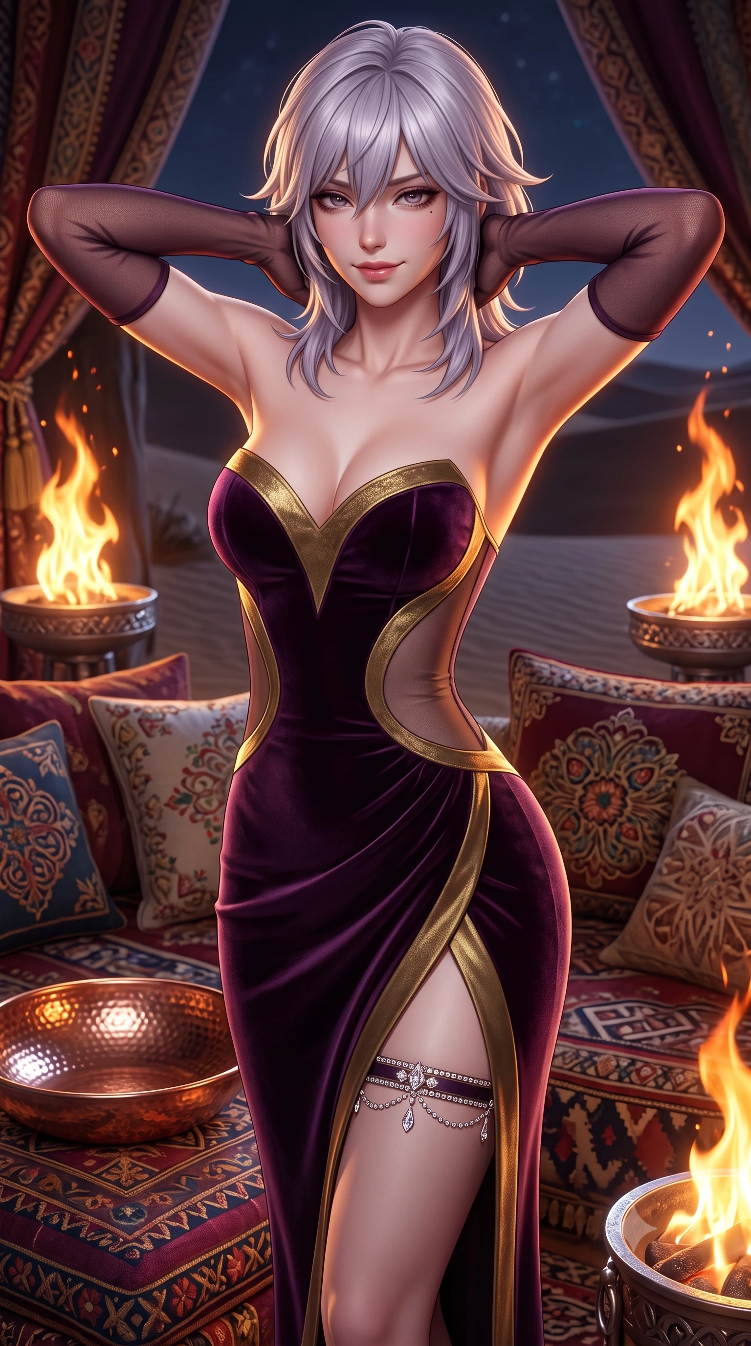 score_9, masterpiece, best quality, ultra-detailed, high-budget anime keyframe, semi-realistic 3D game render, editorial fashion photography, tasteful artistic composition, Japanese woman. close-up cowboy shot from the waist and thighs up, the character dominates the composition, filling the frame with her large presence. resting both hands lightly behind her neck with elbows raised, arching her spine to highlight her narrow waist, flat midriff, and breathtaking collarbones while twisting her slender torso in an alluring contrapposto stance, flickering orange flames and silver desert moonlight tracing her curves. The surrounding environment is rendered in vivid detail and crisp panoramic clarity: detailed sheer illusion mesh bodysuit cling, crystal thigh garter shine, and desert luxury majlis decor in high resolution. She has an exceptionally elegant, slender, and willowy female figure with an ultra-slim waist, flat toned midriff, narrow ribcage, and sculpted feminine hips creating an alluring, slim hourglass silhouette without bulk. sharp v-shaped jawline, high-bridge nose, sparkling eyes with hypnotic seductive depth, thick curled eyelashes, glossy parted lips with a natural dewy peach sheen, alluring bedroom-eyes with an enchanting coquettish smile, exuding magnetic siren charisma and sophisticated glamour, flawlessly proportioned anatomical accuracy, strict slender model proportions, natural body alignment, perfectly sculpted long slender limbs, ultra-slim waistline, clean dynamic posture without body distortion. wearing a deep sweetheart-neckline velvet bodycon dress with sheer side-torso cutouts accentuating her hourglass curves in rich dark plum violet and gilded antique brass, made of semi-opaque stretch illusion mesh with soft shadowy contours, complemented by sheer opera-length evening gloves tracing her slender arms, the high-slit wrap tailoring accentuating her ultra-slim waistline and the enchanting curve of her feminine hips with alluring seductive charm. illuminated by hammered copper bowl reflection bounce and sharp flame-gold rim lights defining her razor-sharp jawline, narrow waist, and curvy hips. highly saturated vibrant anime colors, detailed shading with soft gradients, rich glossy textures, high-contrast stereoscopic depth, volumetric dynamic lighting, master piece, 9:16 ratio