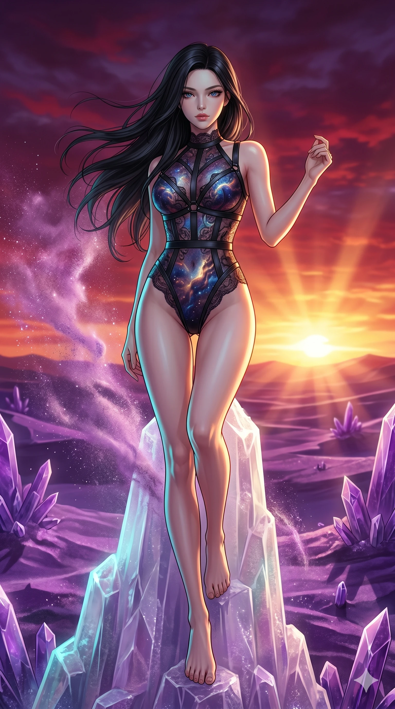 score_9, masterpiece, best quality, ultra-detailed, high-budget anime keyframe, Korean woman. low angle full-body shot filling the entire 9:16 frame with her statuesque presence, stretching the vertical silhouette. standing atop a translucent salt crystal tower in a purple crystalline desert as winds blow shimmering purple dust under a crimson sunset. She has an absolutely perfect 8-heads proportion, an exceptionally tall and slender female figure with impossibly long slender legs and an ultra-slim waist. V-shaped jawline, high-bridge nose, intricate jewel-like eyes with depth, thick eyelashes, glossy lips with a natural sheen.. wearing a gothic nebula lace bodysuit, featuring a semi-opaque sculptural lace bodysuit with cosmic nebula patterns, reinforced by matte leather straps. showcasing a beautiful play of light and shadow, with warm golden rays clashing against cool cyan highlights. 2k, ultra detail, master piece, 9:16 ratio
