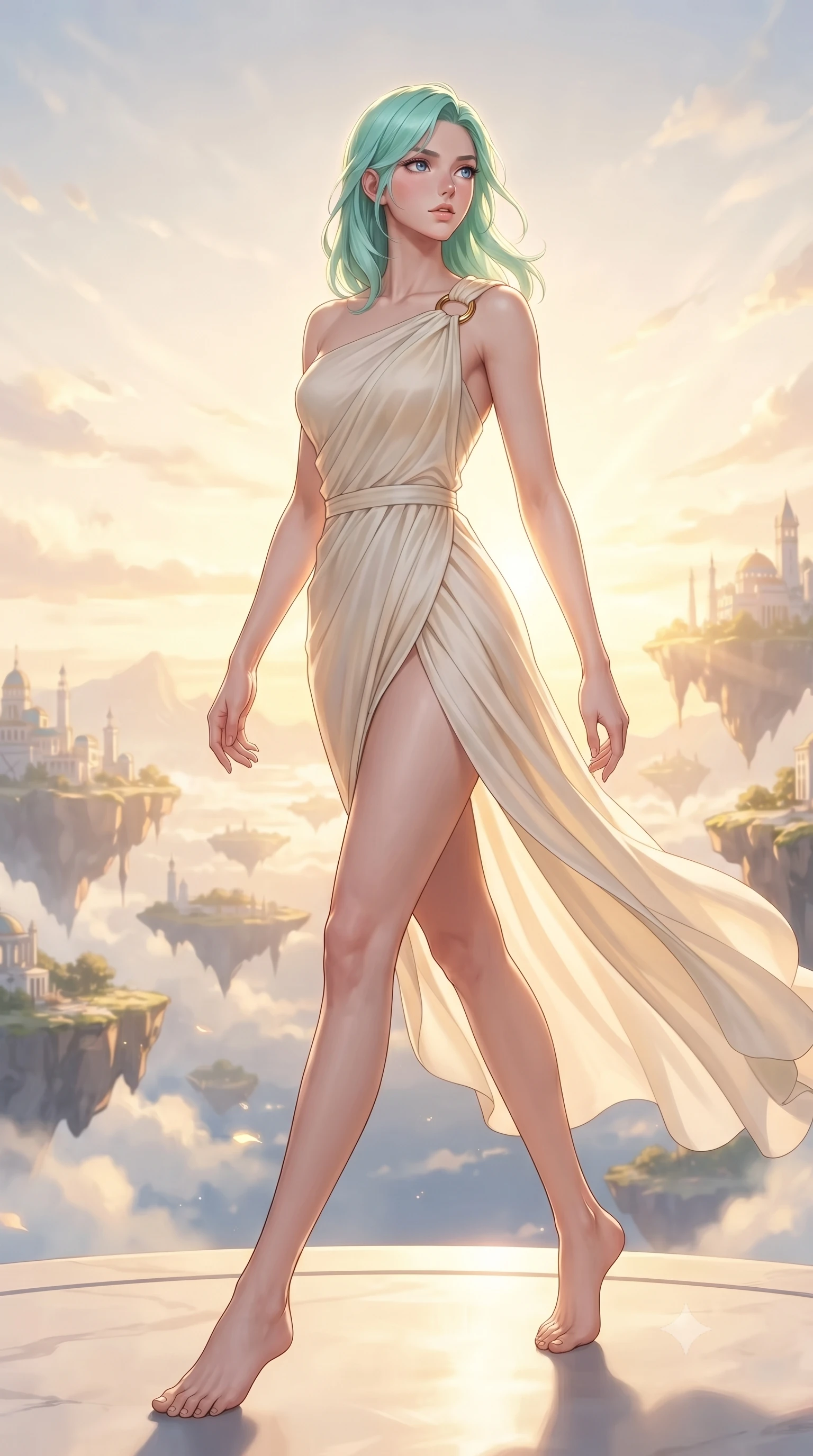 score_9, masterpiece, best quality, ultra-detailed, high-budget anime keyframe, editorial fashion photography, tasteful artistic composition, Japanese woman. low angle full-body shot from head to toe showing her feet, filling the entire 9:16 vertical frame with her statuesque presence, stretching her vertical silhouette. navigating the luminous space with effortless poise, displaying her perfect model proportions gazing out at a dreamlike palace archipelago suspended in golden hour light, golden hour sunbursts creating a majestic rim lighting effect. She has an absolutely perfect, statuesque 8.5-heads proportion, an exceptionally tall and slender model-like female figure with impossibly long slender legs and an ultra-slim waist. sharp v-shaped jawline, high-bridge nose, intricate jewel-like eyes with depth, thick eyelashes, glossy lips with a natural sheen. wearing an elegant Grecian draped chiffon gown with an asymmetrical shoulder strap and ring detail, the sleek second-skin texture accentuating her magnetic presence. lit by brilliant warm key light softening into smooth, elegant gradients. ultra-reflective glossy finish, specular highlights, metallic sheen, high-contrast stereoscopic depth, volumetric dynamic lighting, 2k, ultra detail, master piece, 9:16 ratio