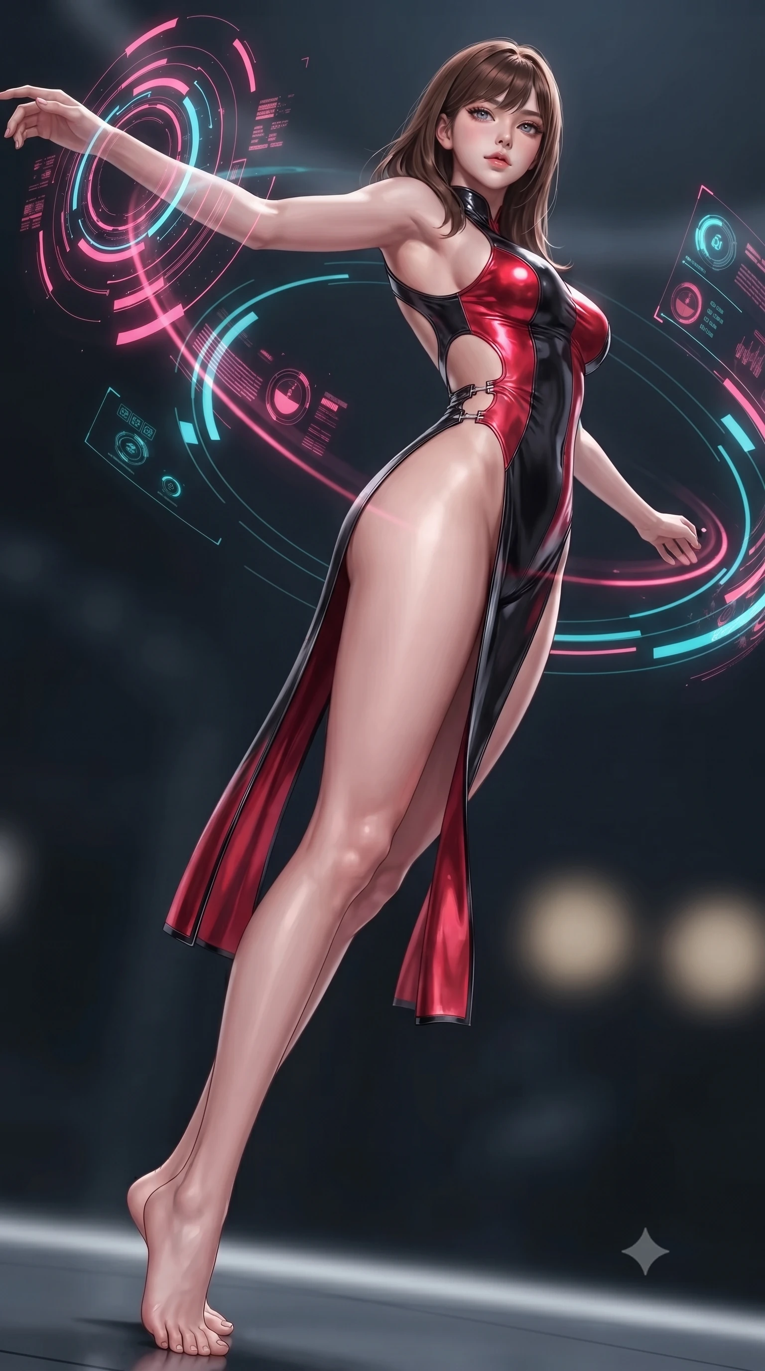 score_9, masterpiece, best quality, ultra-detailed, high-budget anime keyframe, editorial fashion photography, tasteful artistic composition, Korean woman. low angle full-body shot from head to toe showing her feet, filling the entire 9:16 vertical frame with her statuesque presence, stretching her vertical silhouette. arching her back in a fluid zero-gravity turn with sovereign grace, her long slender legs and sculpted torso creating a sweeping line while pivoting dynamically in a pristine high-tech bio-lab as holographic diagnostic rings swirl around her. The composition keeps background elements in soft focus with creamy bokeh. pulsating bioluminescent diagnostic lines scattering gentle pink and cyan light across a dark backdrop. She has an absolutely perfect, statuesque 8.5-heads proportion, an exceptionally tall and slender model-like female figure with impossibly long slender legs and an ultra-slim waist. sharp v-shaped jawline, high-bridge nose, intricate jewel-like eyes with depth, thick eyelashes, glossy lips with a natural sheen, flawlessly proportioned anatomical accuracy, natural body alignment, perfectly sculpted elegant limbs, clean dynamic posture without body distortion. wearing a high-cut translucent vinyl leotard with front paneling, exposed side-rib cutouts, and an open back in glossy obsidian black and radiant crimson red, made of liquid metal jersey that clings flawlessly to every contour of her build, finished with an ultra-high side slit secured by miniature magnetic clasps, the sleek aerodynamic cut emphasizing her magnetic presence and alluring physical grace. surrounded by a sterile yet deeply seductive, ethereal, and pristine android rebirth atmosphere. ultra-reflective glossy finish, specular highlights, metallic sheen, high-contrast stereoscopic depth, volumetric dynamic lighting, 2k, ultra detail, master piece, 9:16 ratio