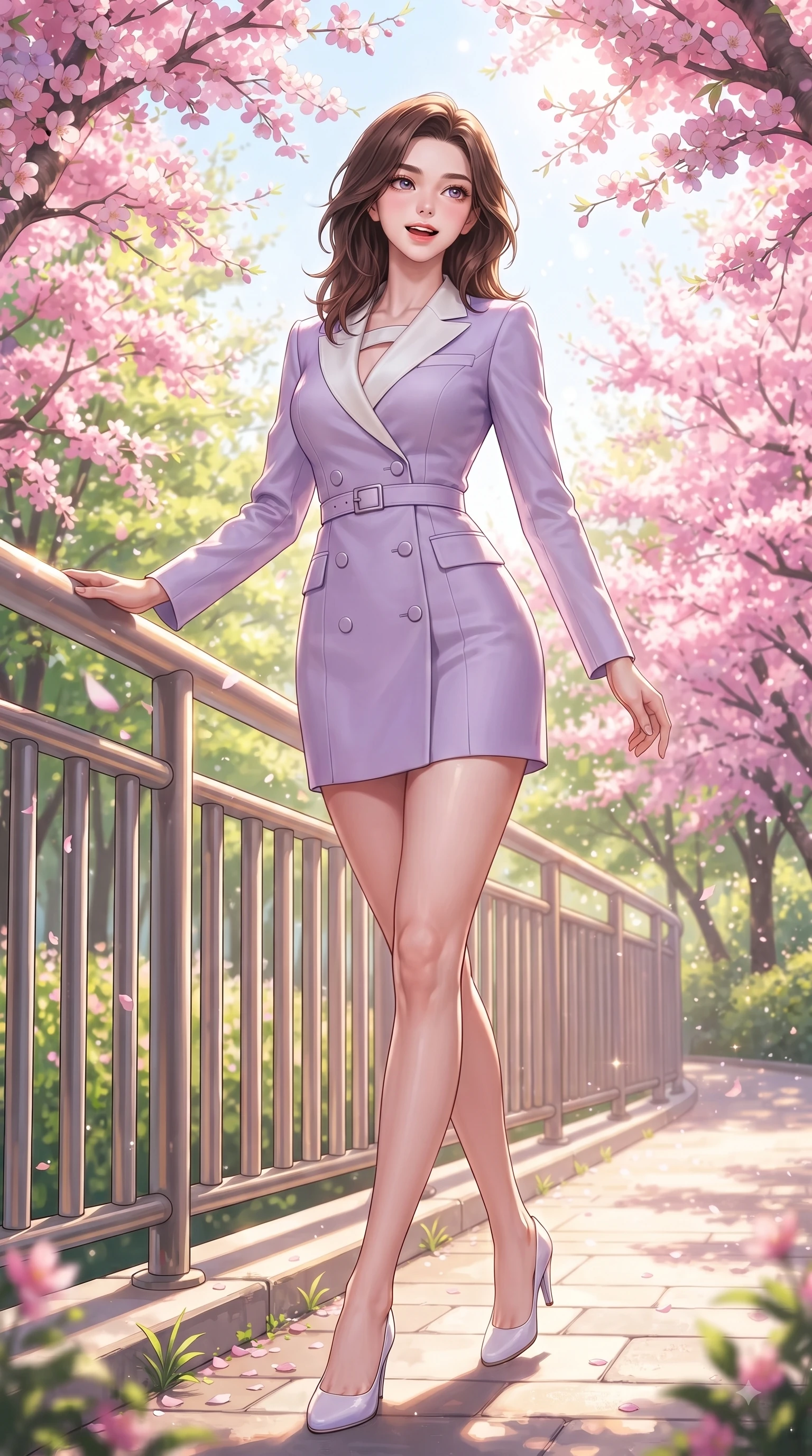 score_9, masterpiece, best quality, ultra-detailed, high-budget anime keyframe, editorial fashion photography, tasteful artistic composition, Korean woman. low angle full-body shot from head to toe showing her feet, filling the entire 9:16 vertical frame with her statuesque presence, stretching her vertical silhouette. stepping forward gracefully in mid-motion with a delighted cute expression, displaying her statuesque model proportions while leaning gracefully against a sunlit park railing framed by vibrant pink flower canopies. The surrounding environment is rendered in vivid detail and crisp panoramic clarity. vibrant spring sunlight scattering through blooming flower arches with high clarity. She has an absolutely perfect, statuesque 8.5-heads proportion, an exceptionally tall and slender model-like female figure with impossibly long slender legs and an ultra-slim waist. sharp v-shaped jawline, high-bridge nose, intricate jewel-like eyes with depth, thick eyelashes, glossy lips with a natural sheen, flawlessly proportioned anatomical accuracy, natural body alignment, perfectly sculpted elegant limbs, clean dynamic posture without body distortion. wearing a tailored double-breasted blazer dress with a sleek waist belt and clean lines in soft lavender violet and pearl white, made of premium stretch jersey that follows her curves like a glove, accented with a Tasteful chest slit framing her clavicle gracefully, the sleek second-skin texture accentuating her magnetic presence. surrounded by a fresh, sweet, and nostalgic spring park atmosphere. ultra-reflective glossy finish, specular highlights, metallic sheen, high-contrast stereoscopic depth, volumetric dynamic lighting, 2k, ultra detail, master piece, 9:16 ratio