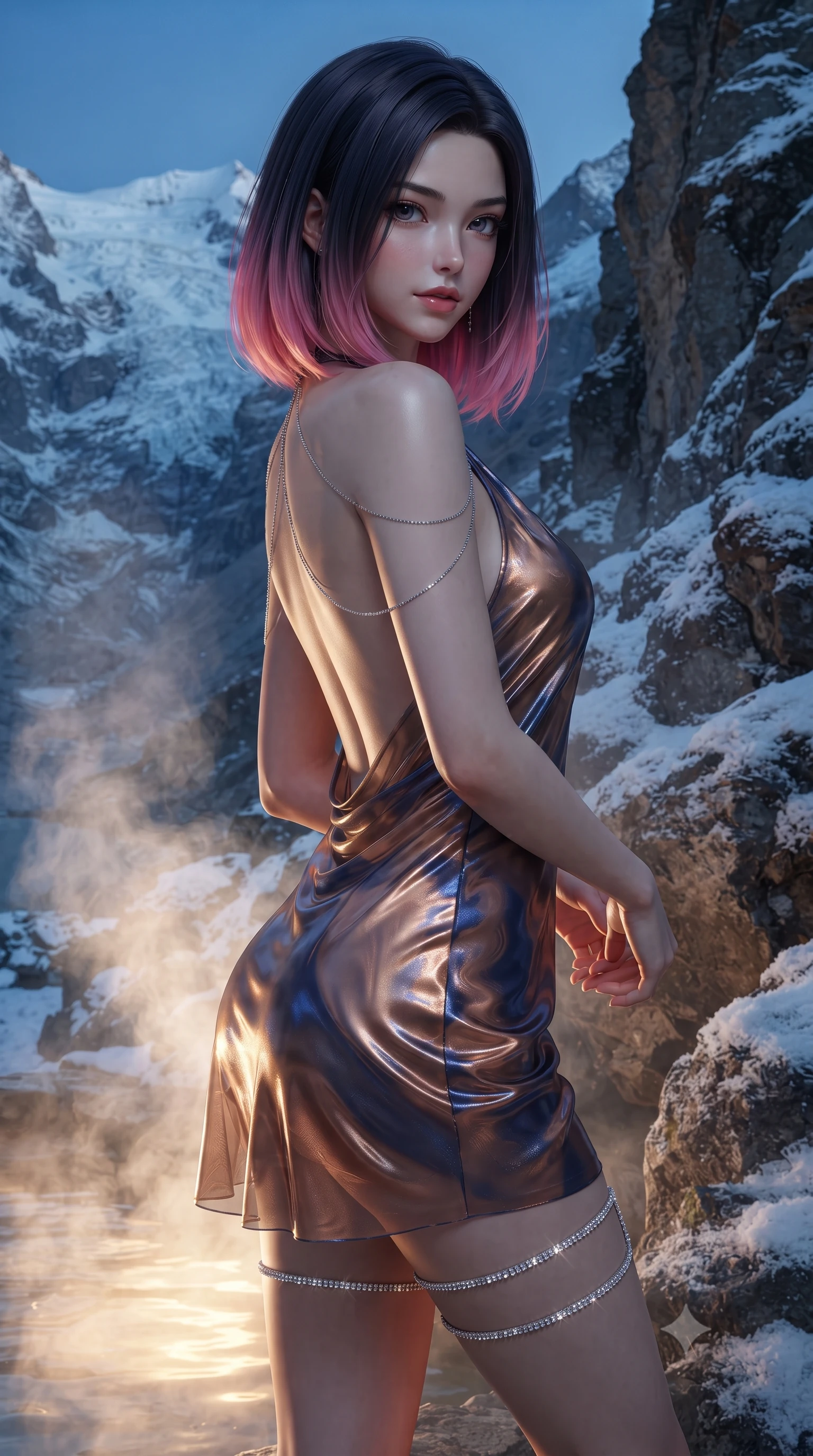 score_9, masterpiece, best quality, ultra-detailed, high-budget anime keyframe, editorial fashion photography, tasteful artistic composition, Korean woman. close-up cowboy shot from the waist and thighs up, the character dominates the composition, filling the frame with her large presence. turning slowly with an enchanting smoldering smile, her glossy hair tossing in the breeze as her hips angle gracefully in a captivating contrapposto while leaning against the snow-frosted volcanic rock rim with hips cocked back, looking over a bare shoulder through swirls of vapor with smoldering eyes. The surrounding environment is rendered in vivid detail and crisp panoramic clarity: detailed wet-look high-cut monokini cling, delicate silver body chain shine, and raw Swiss mountain nature in high resolution. She has an exceptionally elegant, slender, and willowy female figure with an ultra-slim waist, flat toned midriff, narrow ribcage, and sculpted feminine hips creating an alluring, slim hourglass silhouette without bulk. sharp v-shaped jawline, high-bridge nose, sparkling eyes with hypnotic seductive depth, thick curled eyelashes, glossy parted lips with a natural dewy peach sheen, alluring bedroom-eyes with an enchanting coquettish smile, exuding magnetic siren charisma and sophisticated glamour, flawlessly proportioned anatomical accuracy, strict slender model proportions, natural body alignment, perfectly sculpted long slender limbs, ultra-slim waistline, clean dynamic posture without body distortion. wearing a slinky backless halterneck column mini dress in shimmering liquid vinyl clinging like a second skin in molten liquid bronze and deep sapphire navy, made of sheer gossamer chiffon that drapes softly against skin with airy translucence, finished with delicate crystal-encrusted thigh garter straps glinting in the dim light, the form-contouring silhouette accentuating her sculpted flat midriff, narrow delicate ribcage, and gracefully curvy hips with intoxicating allure. bathed in warm 3000K underwater thermal pool illumination contrasting with crisp blue polar moonlight. ultra-reflective glossy finish, specular highlights, rich textural contrasts, high-contrast stereoscopic depth, volumetric dynamic lighting, 2k, ultra detail, master piece, 9:16 ratio