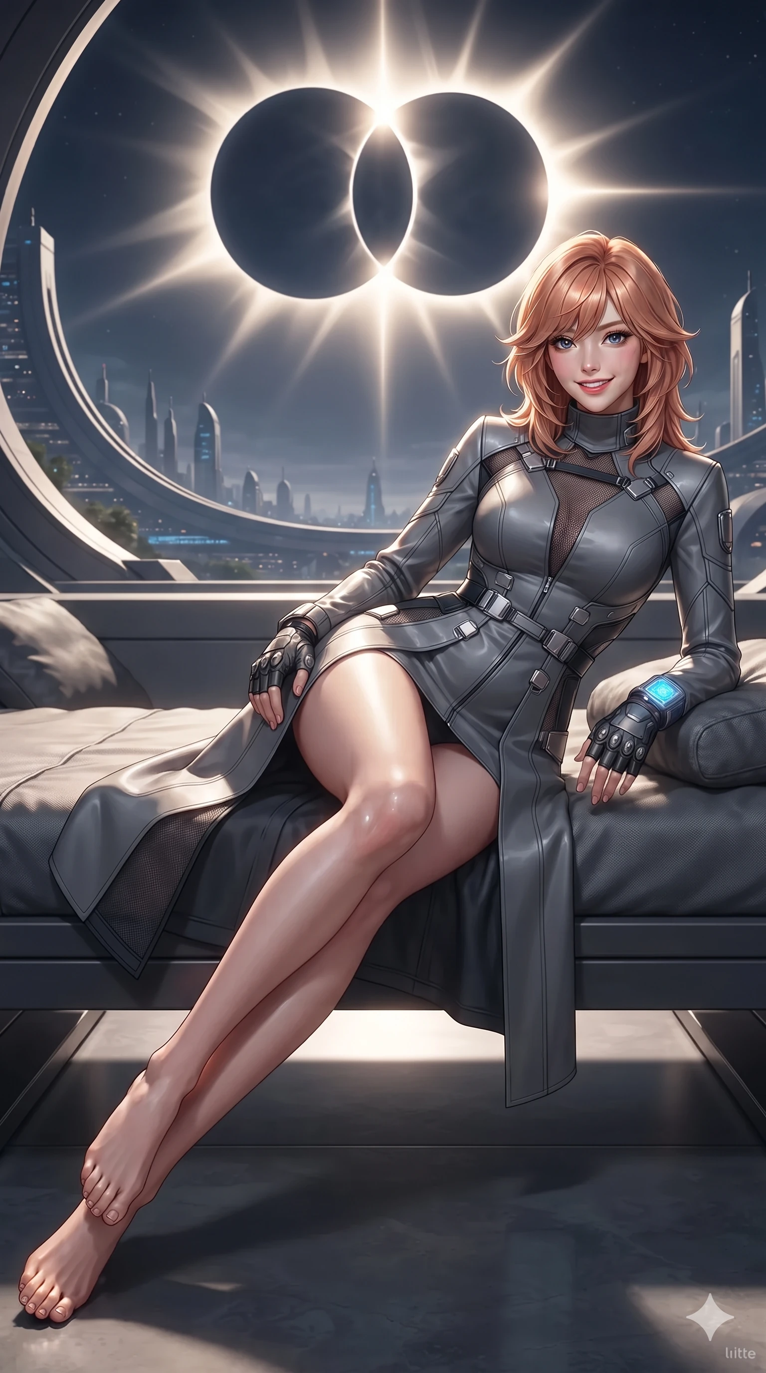 score_9, masterpiece, best quality, ultra-detailed, high-budget anime keyframe, editorial fashion photography, tasteful artistic composition, Korean woman. low angle full-body shot from head to toe showing her feet, filling the entire 9:16 vertical frame with her statuesque presence, stretching her vertical silhouette. reclining gracefully across the anti-gravity daybed with one leg extended, her sculpted silhouette and flat midriff radiating magnetic futuristic glamour while lounging poised on an anti-gravity stone slab propped on one elbow with legs extended, displaying her statuesque silhouette against the eclipsed sky. The surrounding environment is rendered in vivid detail and crisp panoramic clarity: intricate cybernetic suit paneling, sheer ventilation mesh, and alien anti-gravity physics in razor-sharp clarity. She has an absolutely perfect, statuesque 8.5-heads proportion, an exceptionally tall and slender model-like female figure with impossibly long slender legs, an ultra-slim waist, a flat toned midriff, narrow delicate ribcage, and beautifully sculpted feminine hips creating a graceful, slim hourglass silhouette without any bulky heaviness. sharp v-shaped jawline, high-bridge nose, intricate jewel-like sparkling eyes with depth, thick eyelashes, glossy parted lips with a natural sheen, bright confident smile with an enchanting and coquettish sensual glint, exuding both youthful magnetic charm and sovereign high-tech allure, flawlessly proportioned anatomical accuracy, strict slender model proportions, natural body alignment, perfectly sculpted long slender limbs, ultra-slim waistline, clean dynamic posture without body distortion. wearing a prestigious diplomatic high-neck sci-fi senate coat dress in structured nano-wool with polished titanium clasp hardware in reflective liquid mercury and matte phantom grey, made of flexible bullet-resistant ballistic microfiber with high-tensile strength, complemented by fingerless armored tactical gloves and a glowing holographic wrist terminal, the bespoke structured tailoring following the natural line of her 8.5-heads silhouette with refined elegance. bathed in the dramatic high-contrast diamond corona brilliance of the twin solar eclipse casting sharp dramatic shadows. ultra-reflective glossy finish, specular highlights, rich textural contrasts, high-contrast stereoscopic depth, volumetric dynamic lighting, 2k, ultra detail, master piece, 9:16 ratio