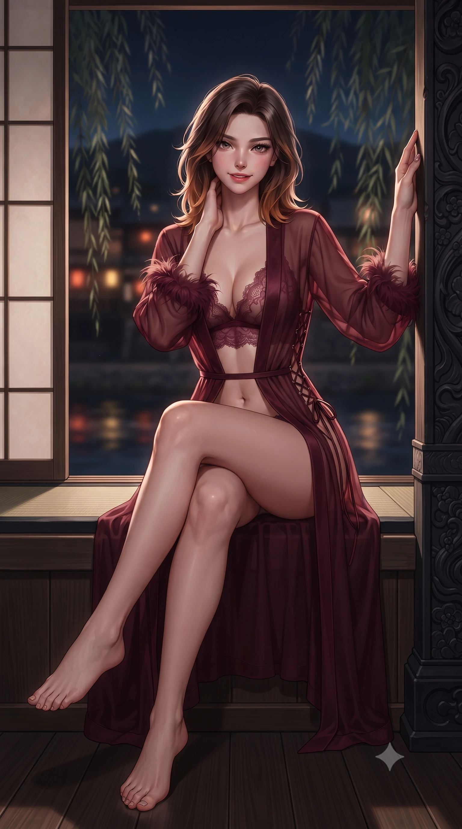 score_9, masterpiece, best quality, ultra-detailed, high-budget anime keyframe, editorial fashion photography, tasteful artistic composition, Korean woman. low angle full-body shot from head to toe showing her feet, filling the entire 9:16 vertical frame with her statuesque presence, stretching her vertical silhouette. standing tall beside the architectural column, one hand resting high while arching her lower back to emphasize her sculpted feminine hips and slender waist while sitting poised on the low wooden banquette with legs crossed, running one manicured hand slowly down her neck with teasing seductive charm. The background shows a soft-focus dark flowing waters of Kamogawa River reflecting strings of restaurant lanterns, weeping willow branches, and Higashiyama mountain ridge blurred into vermilion, amber, and navy bokeh. She has an exceptionally tall and slender model-like 8.5-heads proportion, an ultra-slim waist, a flat toned midriff, narrow delicate ribcage, and beautifully sculpted feminine hips creating a graceful, slim hourglass silhouette without any bulky heaviness, with impossibly long slender legs. sharp v-shaped jawline, high-bridge nose, intricate jewel-like sparkling eyes with depth, thick eyelashes, glossy parted lips with a natural peach sheen, bright cheerful beaming smile with an enchanting and coquettish sensual glint, exuding both youthful cute charm and seductive allure, flawlessly proportioned anatomical accuracy, strict slender model proportions, natural body alignment, perfectly sculpted long slender limbs, ultra-slim waistline, clean dynamic posture without body distortion. wearing a delicate translucent cashmere-blend boudoir robe with feather-trimmed cuffs slipping off bare shoulders over a sheer lace bralette in French boudoir bordeaux wine and gilded bronze, crafted from translucent silk organza with an ethereal crystalline sheen, featuring fine criss-cross lace-up side ties revealing tantalizing glimpses of her hip curve, the precision-cut side openings and low-back scoop framing her graceful spine and the sensual sweep of her slim, toned hips. illuminated by river water specular highlights and sharp rose-gold rim lights defining her razor-sharp jawline, narrow waist, and curvy hips. ultra-reflective glossy finish, specular highlights, rich textural contrasts, high-contrast stereoscopic depth, volumetric dynamic lighting, 2k, ultra detail, master piece, 9:16 ratio