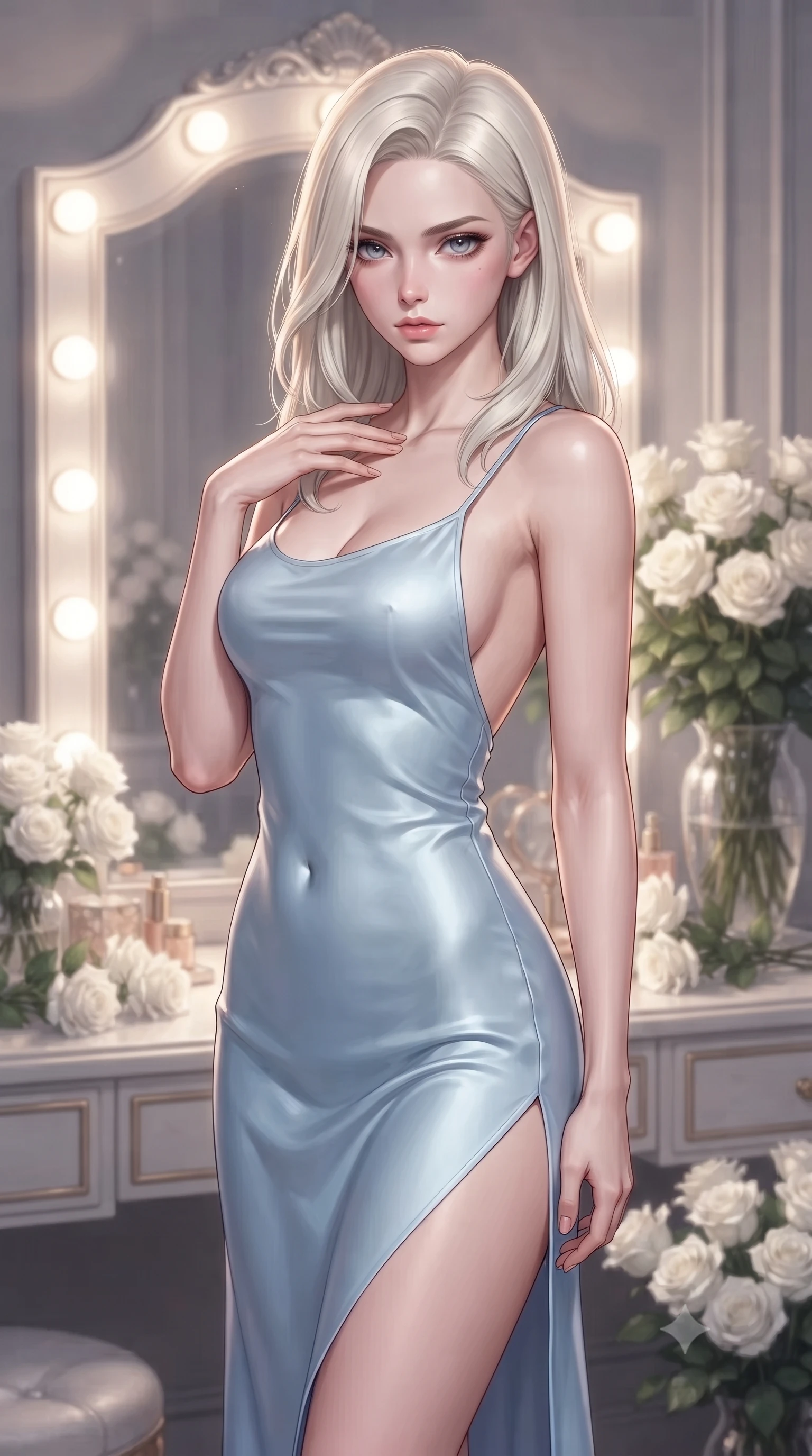 score_9, masterpiece, best quality, ultra-detailed, high-budget anime keyframe, editorial fashion photography, tasteful artistic composition, Caucasian woman. close-up cowboy shot from the waist and thighs up, the character dominates the composition, filling the frame with her large presence, background elements kept in soft focus. standing with one hand resting on her collarbone, looking at the viewer with bedroom-eyes the background shows a soft-focus the private dressing room of a lead soprano with bouquets of white roses. She has an exceptionally elegant, slender, and willowy female figure with an ultra-slim waist, a gracefully sculpted slender torso, and a refined silhouette. sharp v-shaped jawline, high-bridge nose, intricate jewel-like eyes with depth, thick eyelashes, glossy lips with a natural sheen. wearing a body-hugging lightweight silk slip dress in baby blue with a high side slit and a low-cut back. soft vanity lighting reflecting off the mirrors to create a glowing frame. ultra-reflective glossy finish, specular highlights, metallic sheen, high-contrast stereoscopic depth, volumetric dynamic lighting, 2k, ultra detail, master piece, 9:16 ratio
