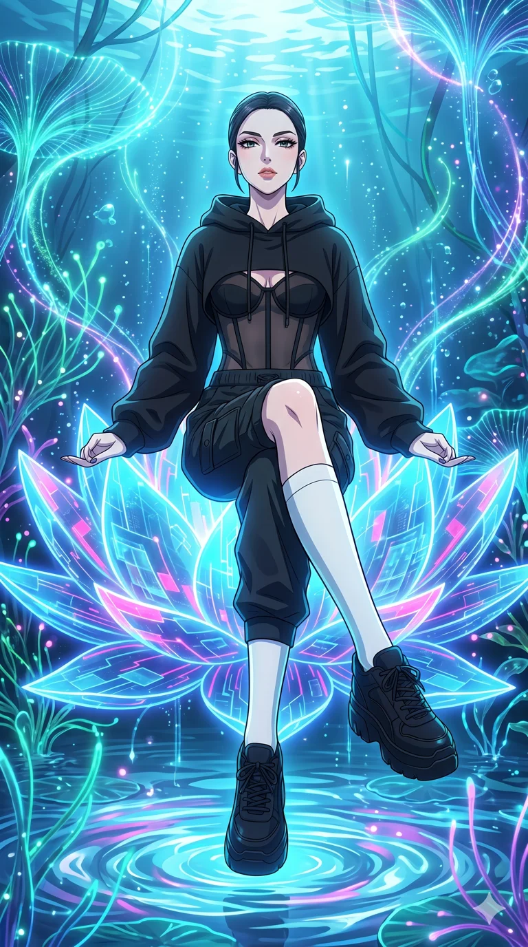 score_9, masterpiece, best quality, ultra-detailed, High-budget Anime Keyframe, vibrant colors, fluid line-art, expressive lighting, cinematic composition, Ufotable-style visual effects, top-tier animation quality, Caucasian woman with pale skin and refined features. Dynamic full-body shot stretching the vertical silhouette, capturing her from a powerful low-angle perspective. Meditating atop a massive digital lotus blossom that floats on a pond of liquid light. She has an absolutely perfect 8-heads proportion, an exceptionally tall and slender female figure with impossibly long slender legs and an ultra-slim waist, her statuesque height and towering silhouette dominating the vertical 9:16 frame. Her face is a masterpiece featuring a sharp v-shaped jawline, high-bridge nose, intricate jewel-like eyes with depth, thick eyelashes, and glossy lips with a natural sheen. She is wearing a Oversized designer hoodie worn as a dress, paired with technical cargo joggers, a sheer corset top, and platform sneakers with knee-high socks.. The scene is set in an underwater Eden where the plants are made of light and fiber-optics. 2k, ultra detail, master piece, 9:16 ratio