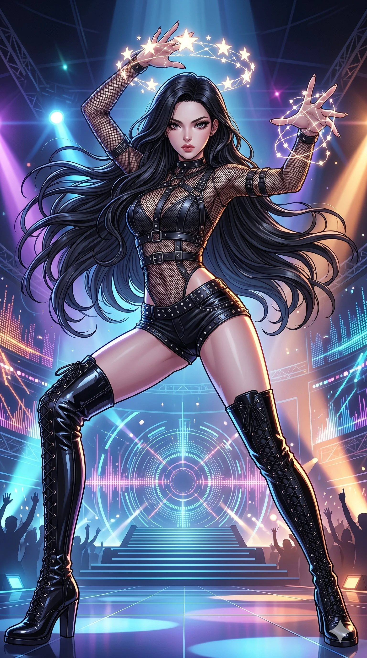 score_9, masterpiece, best quality, ultra-detailed, high-budget anime movie keyframe, cinematic anime lighting, intricate line art, Caucasian (strictly human ears) woman. Low angle cowboy shot capturing a powerful motion and statuesque presence. weaving a crown of stars that floats above her head. She has an absolutely perfect 8-heads proportion, an exceptionally tall and slender female figure with an ultra-slim waist and impossibly long slender legs. strictly human anatomy, two legs only, no extra limbs, clearly defined legs and arms, perfect anatomy, perfect hands and fingers. sharp v-shaped jawline, high-bridge nose, intricate jewel-like eyes, thick eyelashes, glossy lips. Wearing K-Idol Stage: Leather harness over mesh, high-cut bodysuit, studded micro-shorts, and thigh-high patent boots. The scene is illuminated by dramatic atmospheric lighting and vibrant color palettes. , 2k, ultra detail, master piece, 9:16 ratio