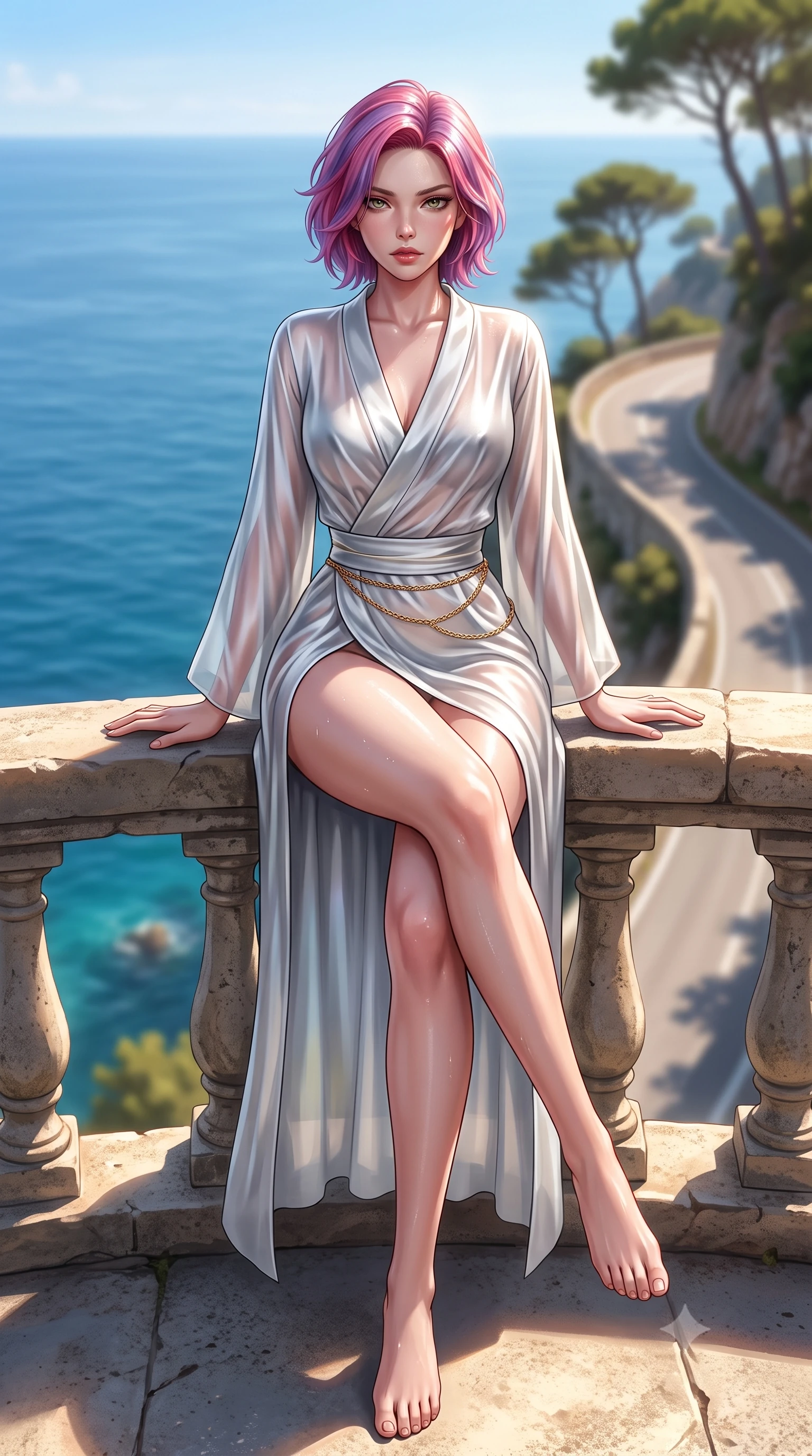 score_9, masterpiece, best quality, ultra-detailed, high-budget anime keyframe, semi-realistic 3D game render, editorial fashion photography, tasteful artistic composition, Caucasian woman. low angle full-body shot from head to toe showing her feet, filling the entire 9:16 vertical frame with her statuesque presence, stretching her vertical silhouette. sitting perched on the elevated edge with hips angled toward the camera and legs crossed, displaying her toned midriff and flawlessly sculpted slender limbs while resting both hands against the stone cliffside railing overlooking the azure Mediterranean, her tight knit dress highlighting her sculpted slim hips in the breeze. The composition keeps background elements in soft focus with creamy bokeh. winding cliffside road barriers and coastal pine silhouettes softened in glamorous shallow focus. She has an exceptionally tall and slender model-like 8.5-heads proportion, an ultra-slim waist, a flat toned midriff, narrow delicate ribcage, and beautifully sculpted feminine hips creating a graceful, slim hourglass silhouette without any bulky heaviness, with impossibly long slender legs. sharp v-shaped jawline, high-bridge nose, intricate jewel-like eyes with depth, thick eyelashes, glossy parted lips with a natural sheen, intensely captivating and seductive bedroom-eyes expression, flawlessly proportioned anatomical accuracy, strict slender model proportions, natural body alignment, perfectly sculpted long slender limbs, ultra-slim waistline, clean dynamic posture without body distortion. wearing a delicate semi-translucent silk yukata that clings to her wet skin and curvy hip contours in shimmering silver mercury and pearl white, made of fluid silk crepe with delicate inner corsetry boning, accented with a delicate gold chain belt resting loosely on her curvy hips, the glove-like aerodynamic silhouette tightly following the natural contour of her hips and long slender legs with statuesque 8.5-heads elegance. illuminated by bright specular sun glints sharply carving her razor-sharp jawline, narrow waist, and curvy hips. highly saturated vibrant anime colors, detailed shading with soft gradients, rich glossy textures, high-contrast stereoscopic depth, volumetric dynamic lighting, master piece, 9:16 ratio