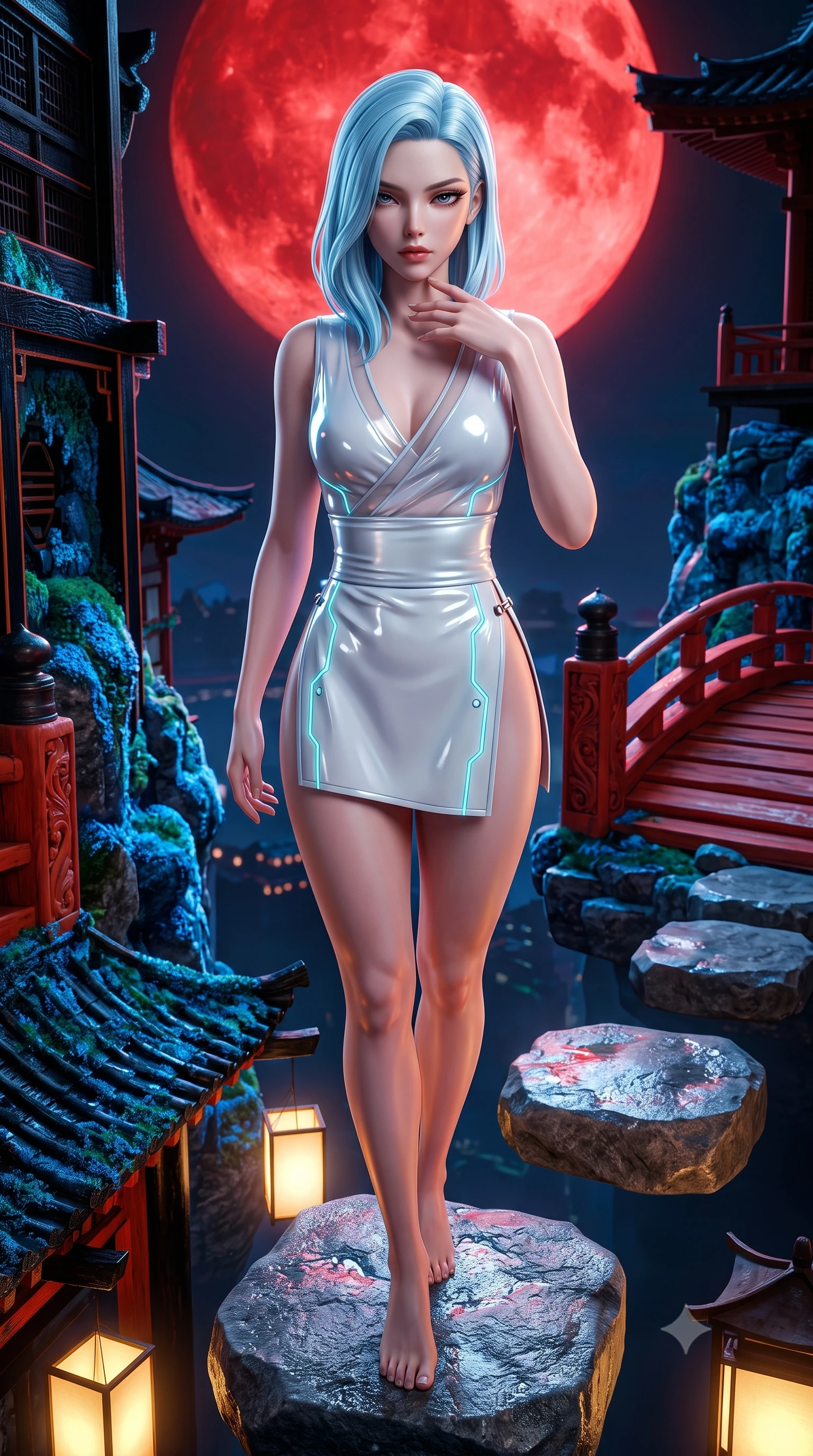 score_9, masterpiece, best quality, ultra-detailed, high-budget anime keyframe, semi-realistic 3D game render, editorial fashion photography, tasteful artistic composition, Korean woman. close-up cowboy shot from the waist and thighs up, the character dominates the composition, filling the frame with her large presence. resting her fingers lightly against her throat while looking down with a smoldering, haughty yet intensely captivating glance while balancing with flawless poise on a floating stepping stone overlooking a blood-red cyber moon. The surrounding environment is rendered in vivid detail and crisp panoramic clarity. intricate black lacquer wood grain, glowing blue moss textures, and vermilion bridge carvings in deep focus. She has an exceptionally elegant, slender, and willowy female figure with an ultra-slim waist, a gracefully sculpted slender torso, and a refined silhouette. sharp v-shaped jawline, high-bridge nose, intricate jewel-like eyes with depth, thick eyelashes, glossy lips with a natural sheen, flawlessly proportioned anatomical accuracy, natural body alignment, perfectly sculpted elegant limbs, clean dynamic posture without body distortion. wearing a shortened cyber-fusion wrap top with transparent chiffon panels, a deep crossover neckline, and a high-waisted metallic sash that accentuates her ultra-slim waist in pure snow white latex and glowing cyan circuit seams, formed from high-gloss patent material with specular light reflections, finished with an ultra-high side slit secured by miniature magnetic clasps, the sleek aerodynamic cut emphasizing her magnetic presence and alluring physical grace. illuminated by soft warm lantern glow and sharp specular highlights on wet stone. highly saturated vibrant anime colors, detailed shading with soft gradients, rich glossy textures, high-contrast stereoscopic depth, volumetric dynamic lighting, master piece, 9:16 ratio