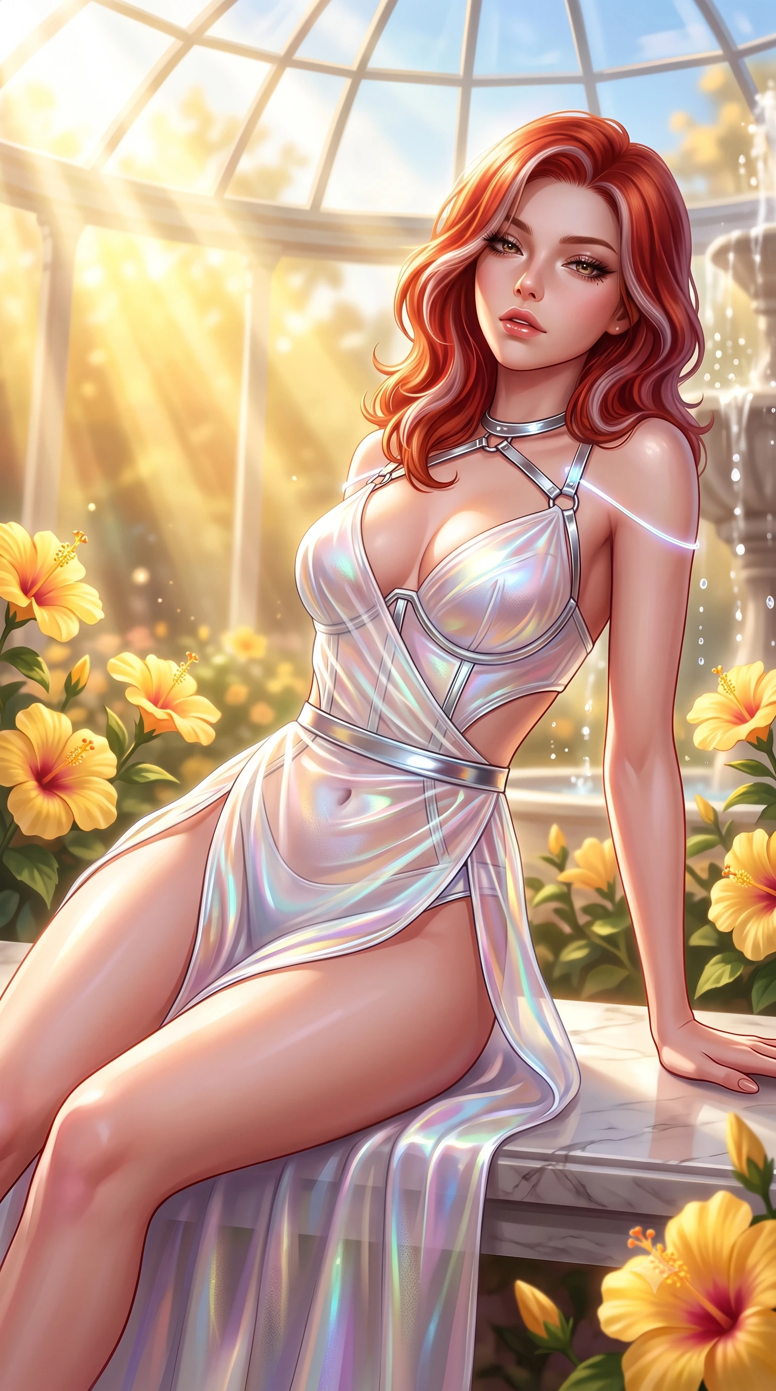 score_9, masterpiece, best quality, ultra-detailed, high-budget anime keyframe, semi-realistic 3D game render, editorial fashion photography, tasteful artistic composition, Caucasian woman. close-up cowboy shot from the waist and thighs up, the character dominates the composition, filling the frame with her large presence. casting a slow, smoldering gaze beneath heavy lashes with parted glossy lips, her head slightly tilted in captivating self-assurance while reclining along a polished marble bench surrounded by blooming yellow hibiscus with an alluring smoldering gaze. The composition keeps background elements in soft focus with creamy bokeh. streaming sunbeams and fountain water droplets softened in a dreamy, warm depth of field. She has an exceptionally elegant, slender, and willowy female figure with an ultra-slim waist, a gracefully sculpted slender torso, toned flat midriff, and a refined slim silhouette. sharp v-shaped jawline, high-bridge nose, intricate jewel-like eyes with depth, thick eyelashes, glossy lips with a natural sheen, flawlessly proportioned anatomical accuracy, strict slender model proportions, natural body alignment, perfectly sculpted long slender limbs, ultra-slim waistline, clean dynamic posture without body distortion. wearing a translucent iridescent organza wrap dress with structured bustier boning, plunging neckline, and high-cut dual leg slits in glistening liquid pearl white with rainbow opalescence, made of liquid metal jersey that clings flawlessly to every contour of her build, reinforced by a sleek metallic chrome harness and delicate glowing micro-straps, the precision-cut daring openings accentuating her delicate midriff, graceful bare collarbones, and ultra-slim feminine waistline. bathed in intense volumetric golden sunbeams streaming through crystalline glass dome panes. highly saturated vibrant anime colors, detailed shading with soft gradients, rich glossy textures, high-contrast stereoscopic depth, volumetric dynamic lighting, master piece, 9:16 ratio
