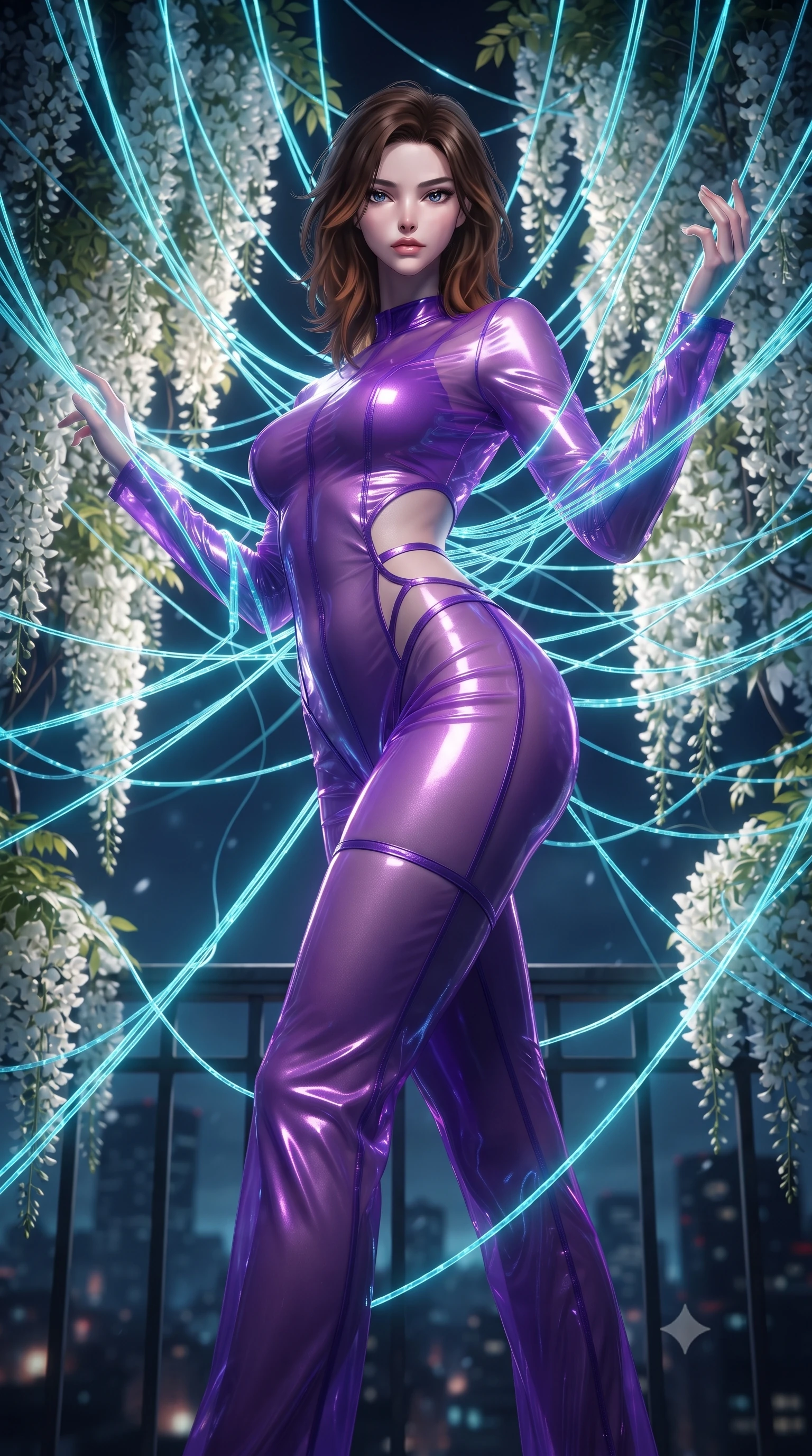 score_9, masterpiece, best quality, ultra-detailed, High-budget Anime Keyframe, editorial fashion photography, tasteful artistic composition, realistic cosplay photography, East Asian woman. Low angle cowboy shot filling the entire 9:16 frame with her statuesque presence. Scenario 514: tangled in a web of glowing cyan fiber-optic cables inside a quiet balcony surrounded by trailing white wisteria flowers. Her presence is magnetic and overpowering in this high-budget cinematic scene. Outfit 514: a body-hugging neon violet sheer organza jumpsuit with strategic waist cut-outs and slender leg straps. The clothing is designed to emphasize her exceptionally tall and slender 8-heads proportion. 8-heads proportion, towering silhouette, ultra-slim waist. sharp v-shaped jawline, intricate jewel-like eyes with depth, thick eyelashes, glossy lips. ultra-reflective glossy finish, specular highlights, metallic sheen, high-contrast stereoscopic depth, volumetric dynamic lighting, 2k, ultra detail, master piece, 9:16 ratio