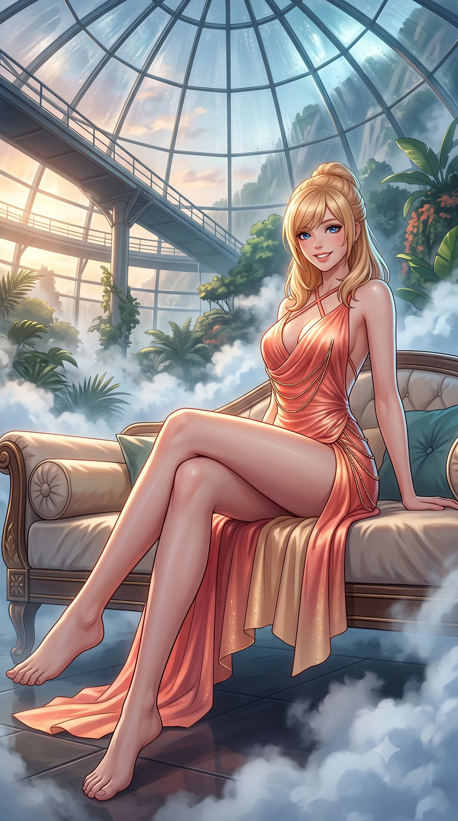 score_9, masterpiece, best quality, ultra-detailed, high-budget anime keyframe, semi-realistic 3D game render, editorial fashion photography, tasteful artistic composition, Caucasian woman. low angle full-body shot from head to toe showing her feet, filling the entire 9:16 vertical frame with her statuesque presence, stretching her vertical silhouette. lounging on the lavish daybed with legs crossed and hips angled toward the camera, displaying her toned midriff and long slender limbs with effortless siren poise while standing poised on the high-level mist catwalk suspended inside the soaring glass mountain dome, arching her lower back as billowing cool cloud mist wraps around her silhouette. The surrounding environment is rendered in vivid detail and crisp panoramic clarity: detailed outfit texture, silhouette lines, and botanical engineering in high resolution. She has an exceptionally tall and slender model-like 8.5-heads proportion, an ultra-slim waist, a flat toned midriff, narrow delicate ribcage, and beautifully sculpted feminine hips creating a graceful, slim hourglass silhouette without any bulky heaviness, with impossibly long slender legs. sharp v-shaped jawline, high-bridge nose, intricate jewel-like sparkling eyes with depth, thick eyelashes, glossy parted lips with a natural peach sheen, bright cheerful beaming smile with an enchanting and coquettish sensual glint, exuding both youthful cute charm and seductive allure, flawlessly proportioned anatomical accuracy, strict slender model proportions, natural body alignment, perfectly sculpted long slender limbs, ultra-slim waistline, clean dynamic posture without body distortion. wearing a backless liquid lamé mini dress with criss-cross spinal straps and daring side slit in Palm Springs desert sunset coral and warm honey champagne, crafted from bespoke double-faced cashmere with an exceptionally soft tactile finish, accented with an open-back drape framed by falling strands of delicate gold chains, the high-slit wrap tailoring accentuating her ultra-slim waistline and the enchanting curve of her feminine hips with alluring seductive charm. illuminated by condensation reflection bounce and sharp silver-cyan rim lights sculpting her jawline, narrow waist, and curvy hips. highly saturated vibrant anime colors, detailed shading with soft gradients, rich glossy textures, high-contrast stereoscopic depth, volumetric dynamic lighting, master piece, 9:16 ratio