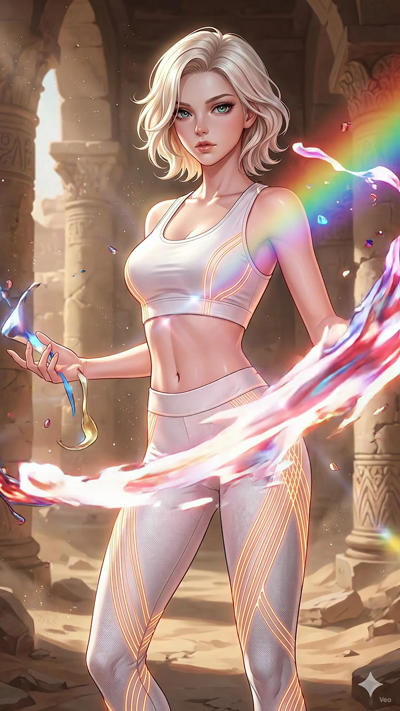 A high-budget anime video with dynamic particle motion. The digital fragments and glowing shards floating around the character pulse and flow in a fluid, circular pattern. The camera slowly zooms in with a slight tilt. Rainbow lens flares and volumet