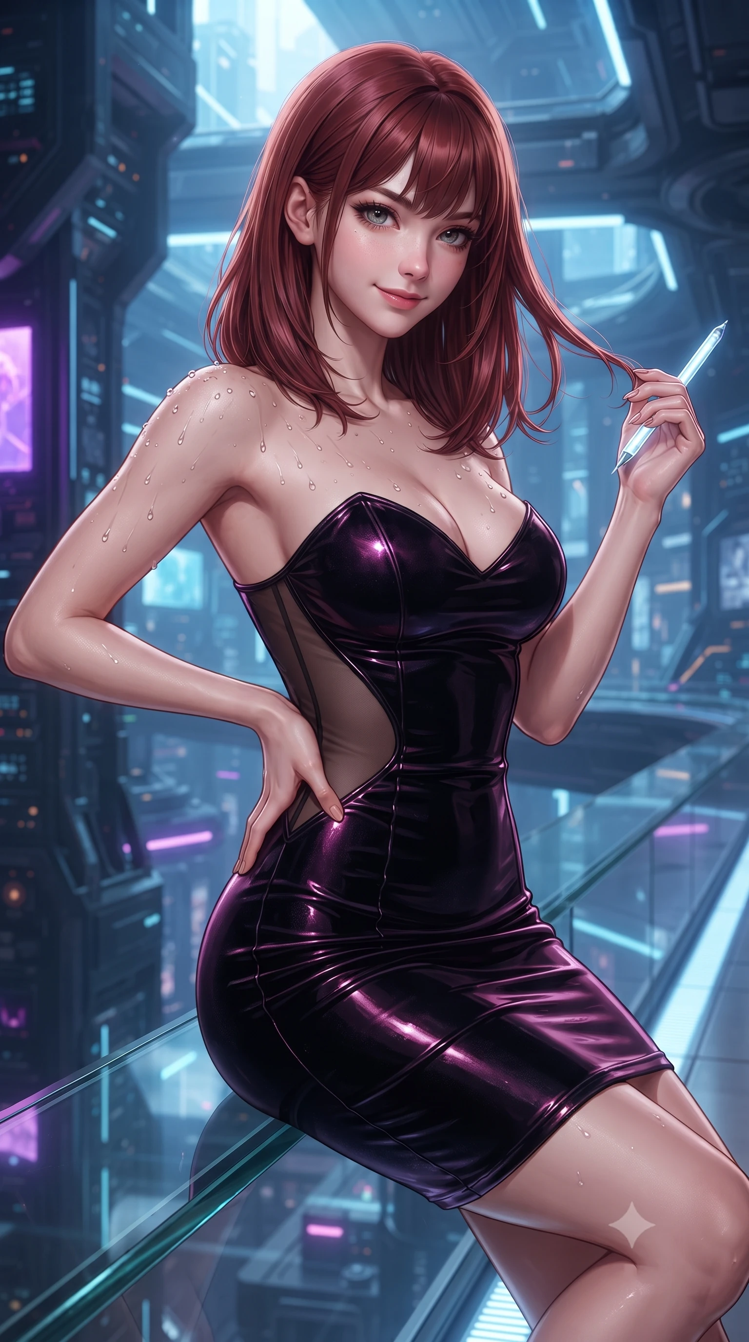 score_9, masterpiece, best quality, ultra-detailed, high-budget anime keyframe, editorial fashion photography, tasteful artistic composition, Caucasian woman. close-up cowboy shot from the waist and thighs up, the character dominates the composition, filling the frame with her large presence. twisting her slender torso in an alluring contrapposto stance, one hand resting on her sculpted hip while her fingers toy with her hair with effortless poise while perched sideways on the glass bridge curb with legs extended gracefully, holding an illuminated data stylus with effortless cool. The surrounding environment is rendered in vivid detail and crisp panoramic clarity: detailed sheer illusion mesh bodysuit weave, dewy skin highlights, and bio-tech skyscraper interior craft in high resolution. She has an exceptionally elegant, slender, and willowy female figure with an ultra-slim waist, flat toned midriff, narrow ribcage, and sculpted feminine hips creating an alluring, slim hourglass silhouette without bulk. sharp v-shaped jawline, high-bridge nose, sparkling eyes with hypnotic seductive depth, thick curled eyelashes, glossy parted lips with a natural dewy peach sheen, alluring bedroom-eyes with an enchanting coquettish smile, exuding magnetic siren charisma and sophisticated glamour, flawlessly proportioned anatomical accuracy, strict slender model proportions, natural body alignment, perfectly sculpted long slender limbs, ultra-slim waistline, clean dynamic posture without body distortion. wearing a deep sweetheart-neckline velvet bodycon dress with sheer side-torso cutouts accentuating her hourglass curves in wet-look onyx black with electric magenta reflections, crafted from wet-look high-gloss vinyl fabric with dazzling specular surface reflections, finished with glistening drops of pool water beading across her sculpted shoulders and collarbones, the glove-like clinging cut tightly following the natural contour of her hips and long slender legs with youthful 8.5-heads elegance. bathed in specialized ultraviolet and cool daylight grow-lighting arrays mixed with bridge floor LED strips. ultra-reflective glossy finish, specular highlights, rich textural contrasts, high-contrast stereoscopic depth, volumetric dynamic lighting, 2k, ultra detail, master piece, 9:16 ratio