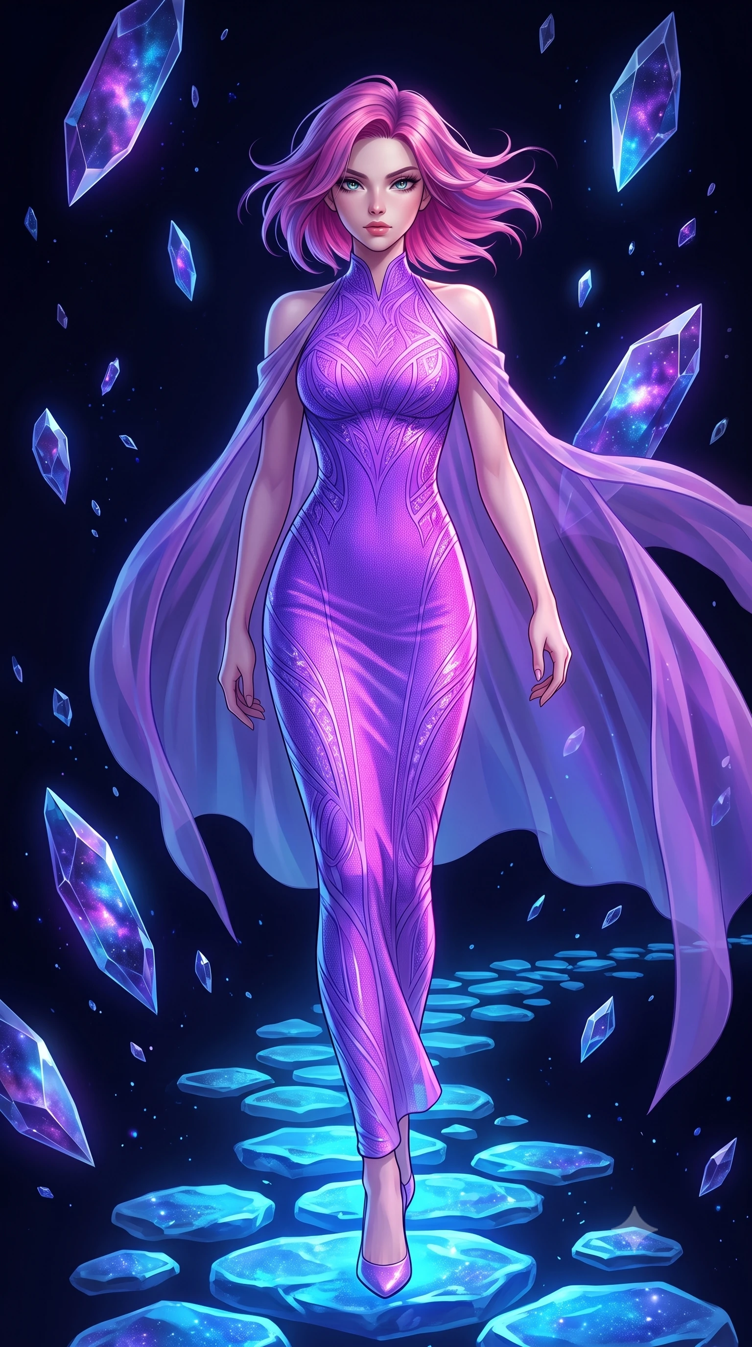 score_9, masterpiece, best quality, ultra-detailed, High-budget Anime Keyframe, Caucasian woman, strictly human ears. Dynamic full-body shot stretching the vertical silhouette to the limit. Scenario 501: stepping across glowing azure stones in a dark void filled with floating crystal shards reflecting purple nebulae. Her presence is magnetic and overpowering in this high-budget anime scene. Outfit 501: a tailored neon violet bodycon knit gown draped with a semi-transparent chiffon cape. The clothing is designed to emphasize her exceptionally tall and slender 8-heads proportion. 8-heads proportion, towering silhouette, ultra-slim waist. sharp v-shaped jawline, intricate jewel-like eyes with depth, thick eyelashes, glossy lips. 2k, ultra detail, master piece, 9:16 ratio