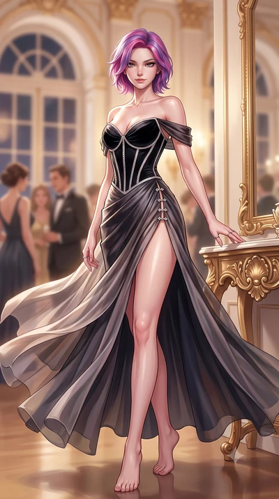 score_9, masterpiece, best quality, ultra-detailed, high-budget anime keyframe, semi-realistic 3D game render, editorial fashion photography, tasteful artistic composition, Caucasian woman. low angle full-body shot from head to toe showing her feet, 