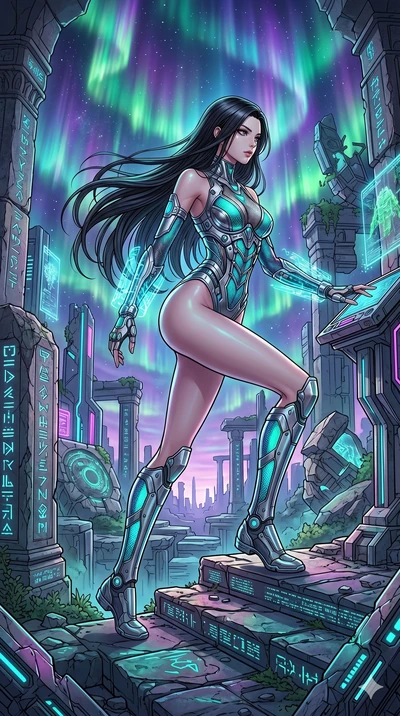 score_9, masterpiece, best quality, ultra-detailed, high-budget anime movie keyframe, cinematic anime lighting, intricate line art, Korean anime girl. Dynamic full-body shot stretching the vertical silhouette across the 9:16 frame. exploring lost rui