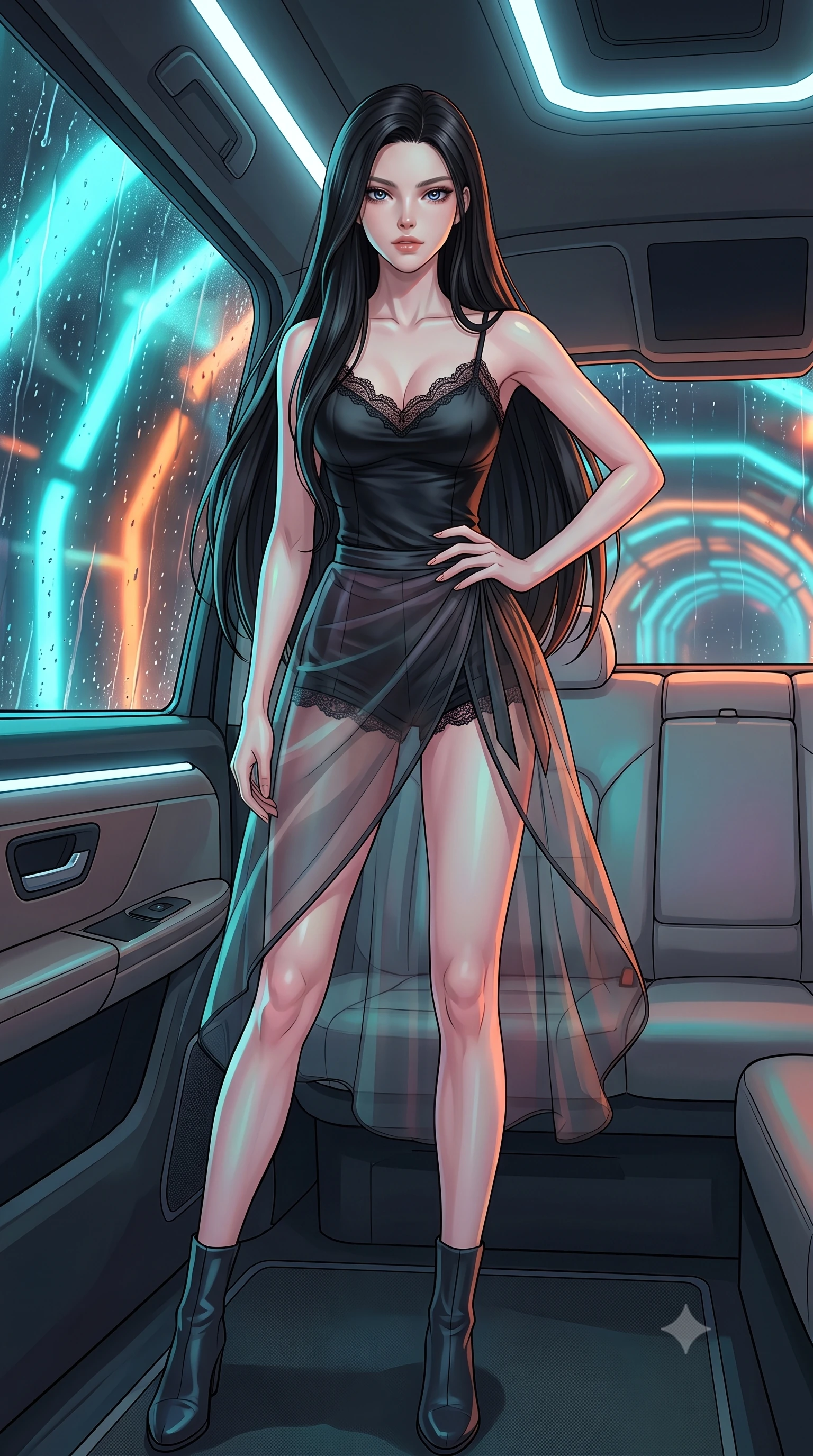 score_9, masterpiece, best quality, ultra-detailed, high-budget anime keyframe, tasteful artistic composition, Korean woman. low angle full-body shot from head to toe showing her feet, filling the entire 9:16 vertical frame with her statuesque presence, stretching her vertical silhouette. posing confidently with one hand on her hip, stretching her statuesque body to emphasize her curves the background shows a soft-focus the interior of an automated cyber-cab speeding through a neon-lit tunnel. She has an absolutely perfect, statuesque 8.5-heads proportion, an exceptionally tall and slender model-like female figure with impossibly long slender legs and an ultra-slim waist. sharp v-shaped jawline, high-bridge nose, intricate jewel-like eyes with depth, thick eyelashes, glossy lips with a natural sheen. wearing a body-hugging delicate lace-trim camisole in black silk, paired with a sheer organza wrap skirt and shorts. shifting cyan and orange lights refracting through the rain-streaked window glass. highly saturated vibrant anime colors, cel-shading, 2d style, master piece, 9:16 ratio