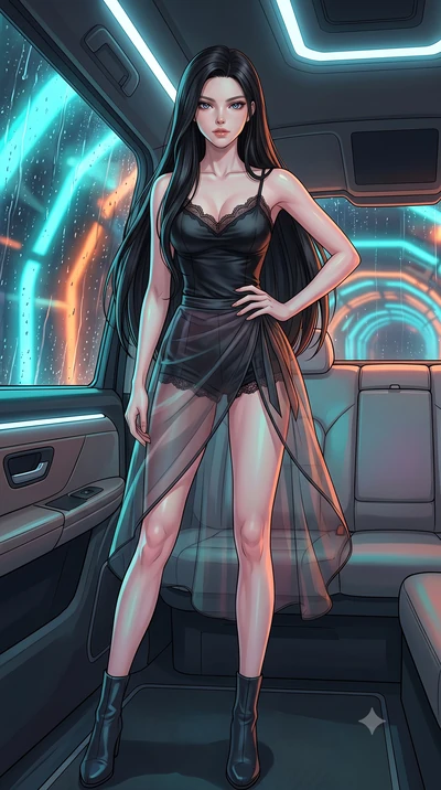 score_9, masterpiece, best quality, ultra-detailed, high-budget anime keyframe, tasteful artistic composition, Korean woman. low angle full-body shot from head to toe showing her feet, filling the entire 9:16 vertical frame with her statuesque presen