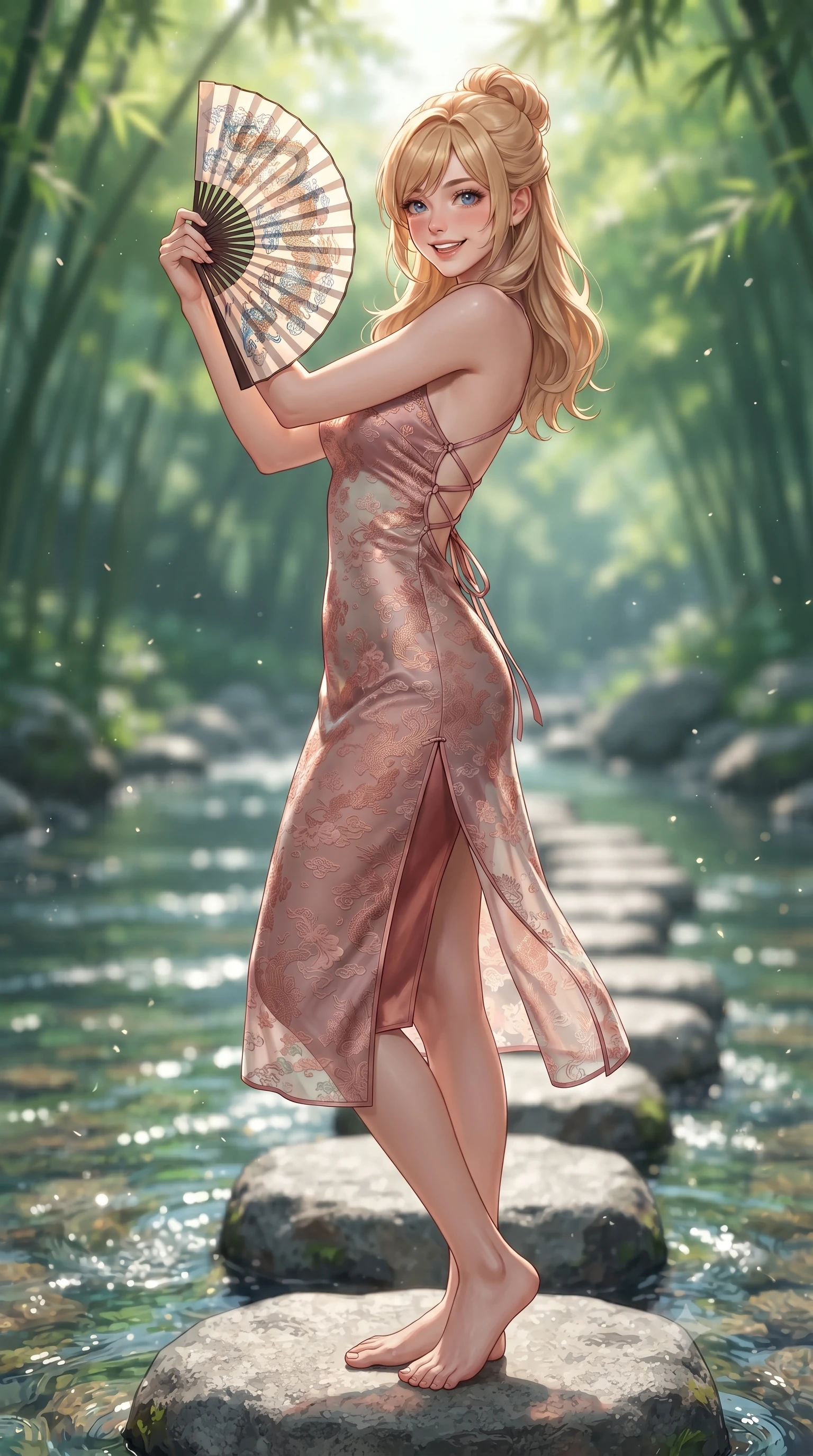 score_9, masterpiece, best quality, ultra-detailed, high-budget anime keyframe, editorial fashion photography, tasteful artistic composition, Caucasian woman. close-up cowboy shot from the waist and thighs up, the character dominates the composition, filling the frame with her large presence. playfully unfurling a painted silk fan toward the lens, her radiant smile capturing fresh girlhood charm while her arched torso reveals an intoxicating hip contour while standing barefoot on smooth granite stepping stones across a crystal mountain brook, arching her back with a playful, joyful smile. The background shows a soft-focus soaring Damyang green bamboo canopies filtering dappled sunlight and rippling stream currents blurred into emerald, mint, and liquid gold bokeh. She has an exceptionally elegant, slender, and willowy female figure with an ultra-slim waist, flat toned midriff, narrow ribcage, and sculpted feminine hips creating an alluring, slim hourglass silhouette without bulk. sharp v-shaped jawline, high-bridge nose, intricate jewel-like dark sparkling almond eyes with depth, thick lashes, glossy parted lips with a natural rose-plum sheen, bright alluring and coquettish smile with bedroom-eyes, exuding both timeless oriental elegance and sovereign high-fashion allure, flawlessly proportioned anatomical accuracy, strict slender model proportions, natural body alignment, perfectly sculpted long slender limbs, ultra-slim waistline, clean dynamic posture without body distortion. wearing a delicate semi-sheer floral chiffon kaftan slip dress layered over a matching silk slip, accentuating her slender waist and hips in dusty rose pink and burnished copper, made of rich jacquard silk with intricate embossed dragon and cloud motifs, finished with criss-cross back satin laces tracing her slender spine, the liquid-tight tailored silk fabric clinging flawlessly to her narrow waist and rounded feminine hips, emphasizing every millimeter of her sculpted slim hourglass curves without any bulky heaviness. illuminated by sparkling stream water caustics and sharp platinum rim lights defining her sculpted collarbones, ultra-slim waist, and curvy hips. ultra-reflective glossy finish, specular highlights, rich textural contrasts, high-contrast stereoscopic depth, volumetric dynamic lighting, 2k, ultra detail, master piece, 9:16 ratio