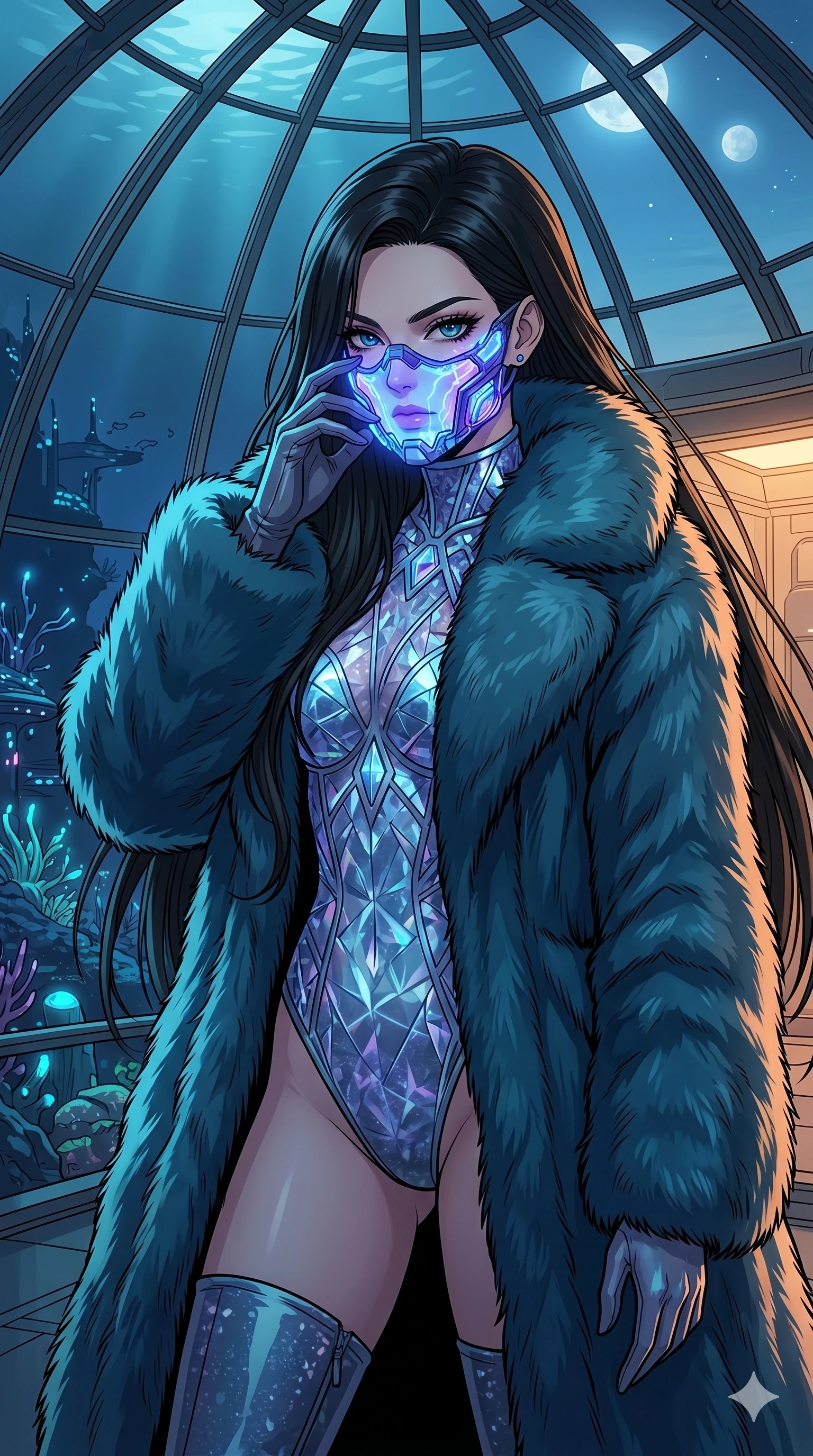 score_9, masterpiece, best quality, ultra-detailed, high-budget anime movie keyframe, cinematic anime lighting, intricate line art, Caucasian (strictly human ears) woman. Upper body filling screen focusing on her alluring features and slim-fit silhouette. adjusting a glowing mask in a underwater city dome under a twin-moon sky. She has an absolutely perfect 8-heads proportion, an exceptionally tall and slender female figure with an ultra-slim waist and impossibly long slender legs. sharp v-shaped jawline, high-bridge nose, intricate jewel-like eyes, thick eyelashes, glossy lips. Wearing seasonal winter-couture featuring a plush oversized faux-fur coat worn over a skin-tight crystalline leotard and thigh-high stiletto boots. The scene is illuminated by dramatic atmospheric lighting and vibrant color palettes. , 2k, ultra detail, master piece, 9:16 ratio