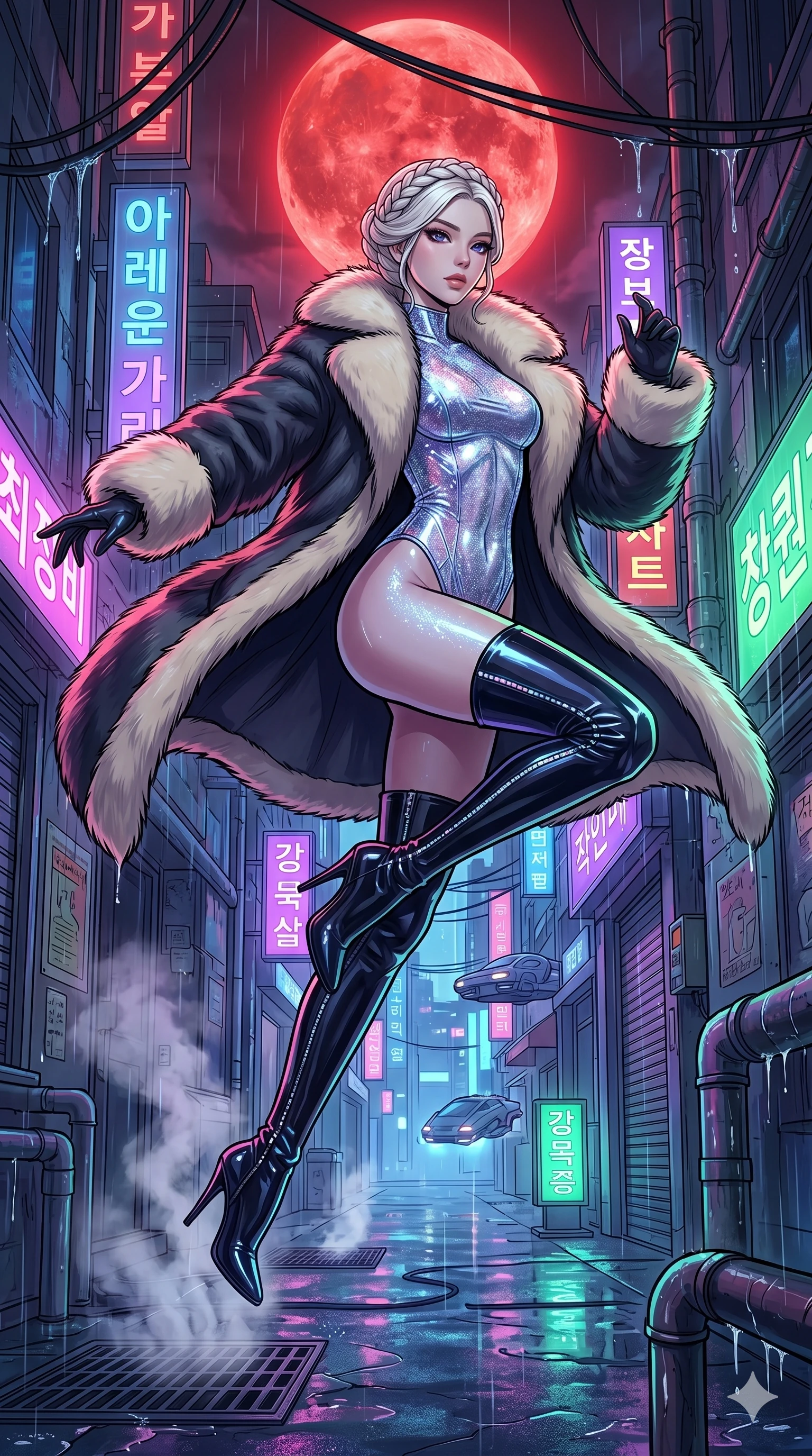 score_9, masterpiece, best quality, ultra-detailed, high-budget anime movie keyframe, cinematic anime lighting, intricate line art, Korean woman. Low angle cowboy shot filling the entire 9:16 frame with her statuesque presence. leaping gracefully in a neon-lit cyberpunk alleyway under a blood moon. She has an absolutely perfect 8-heads proportion, an exceptionally tall and slender female figure with an ultra-slim waist and impossibly long slender legs. sharp v-shaped jawline, high-bridge nose, intricate jewel-like eyes, thick eyelashes, glossy lips. Wearing seasonal winter-couture featuring a plush oversized faux-fur coat worn over a skin-tight crystalline leotard and thigh-high stiletto boots. The scene is illuminated by dramatic atmospheric lighting and vibrant color palettes. , 2k, ultra detail, master piece, 9:16 ratio