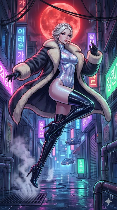 score_9, masterpiece, best quality, ultra-detailed, high-budget anime movie keyframe, cinematic anime lighting, intricate line art, Korean woman. Low angle cowboy shot filling the entire 9:16 frame with her statuesque presence. leaping gracefully in 