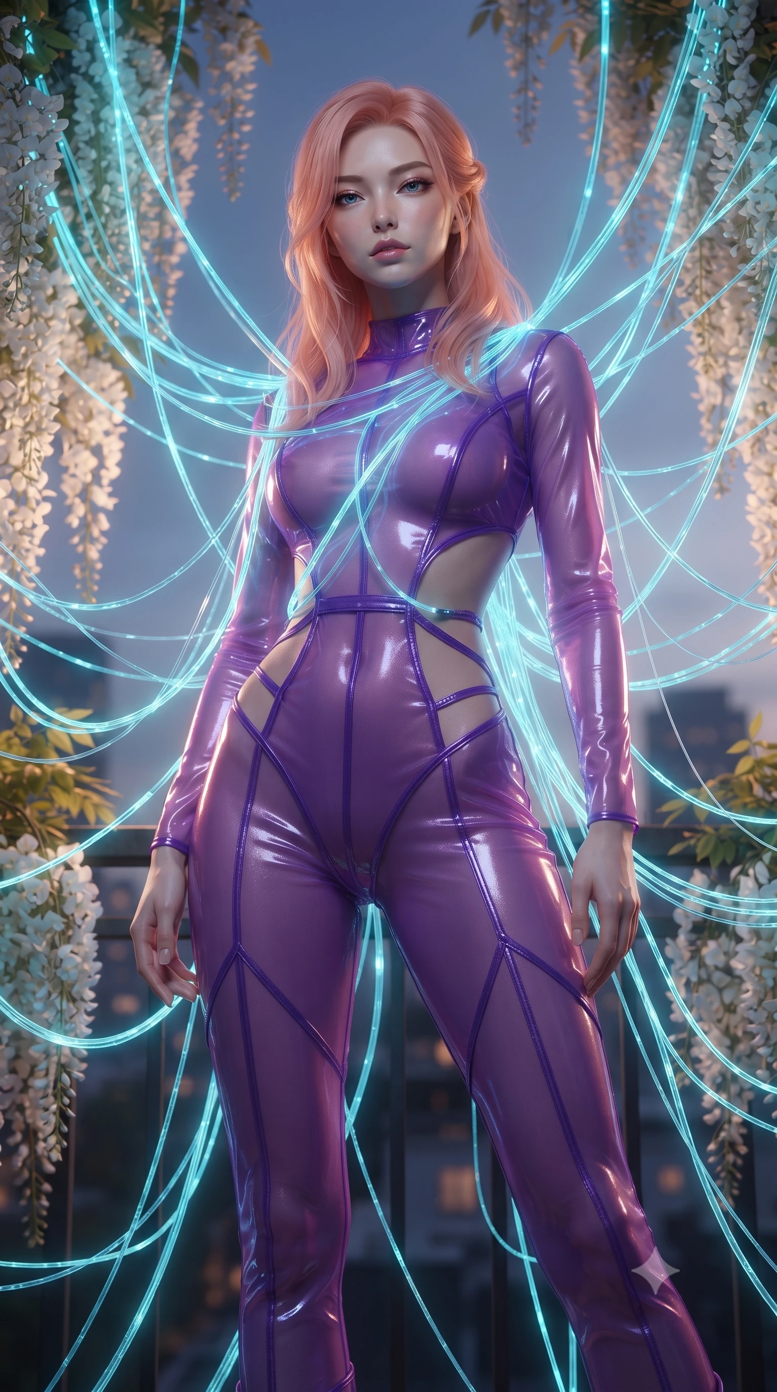 score_9, masterpiece, best quality, ultra-detailed, High-budget Anime Keyframe, editorial fashion photography, tasteful artistic composition, realistic cosplay photography, East Asian woman. Low angle cowboy shot filling the entire 9:16 frame with her statuesque presence. Scenario 514: tangled in a web of glowing cyan fiber-optic cables inside a quiet balcony surrounded by trailing white wisteria flowers. Her presence is magnetic and overpowering in this high-budget cinematic scene. Outfit 514: a body-hugging neon violet sheer organza jumpsuit with strategic waist cut-outs and slender leg straps. The clothing is designed to emphasize her exceptionally tall and slender 8-heads proportion. 8-heads proportion, towering silhouette, ultra-slim waist. sharp v-shaped jawline, intricate jewel-like eyes with depth, thick eyelashes, glossy lips. ultra-reflective glossy finish, specular highlights, metallic sheen, high-contrast stereoscopic depth, volumetric dynamic lighting, 2k, ultra detail, master piece, 9:16 ratio