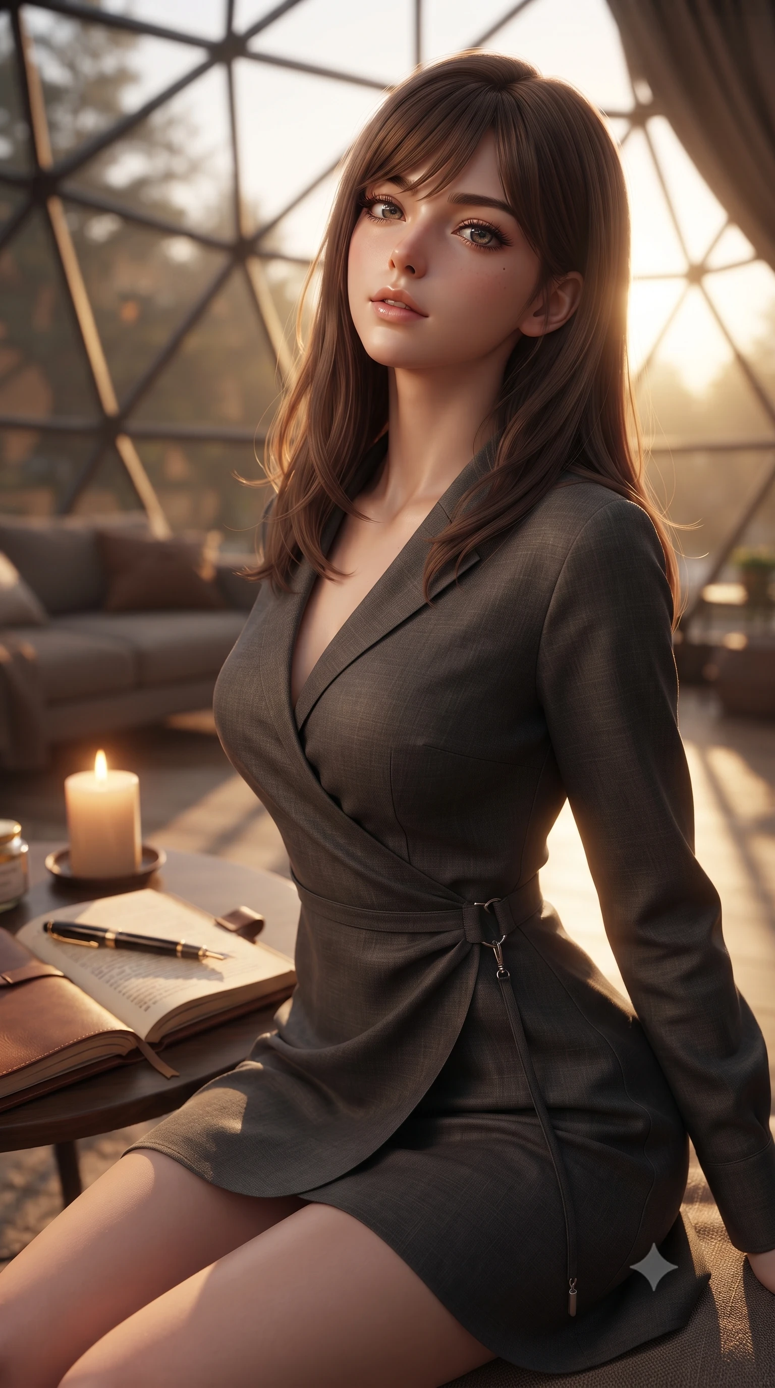 score_9, masterpiece, best quality, ultra-detailed, high-budget anime keyframe, editorial fashion photography, tasteful artistic composition, Korean woman. close-up cowboy shot from the waist and thighs up, the character dominates the composition, filling the frame with her large presence, background elements kept in soft focus. tilting her chin up with a composed yet deeply enticing gaze, her eyes sparkling under the warm lighting set against a soft-focus background of inside an exclusive geodesic dome with an open leather journal and a gold fountain pen sitting next to a candle. She has an exceptionally elegant, slender, and willowy female figure with an ultra-slim waist, a gracefully sculpted slender torso, and a refined silhouette. sharp v-shaped jawline, high-bridge nose, intricate jewel-like eyes with depth, thick eyelashes, glossy lips with a natural sheen. wearing slim-fit charcoal soft linen sleek long-sleeve silk wrap dress contouring her ultra-slim waist elegantly accented with delicate silver hardware. bathed in warm golden hour sunbeams that cast long, romantic shadows across the floor. ultra-reflective glossy finish, specular highlights, metallic sheen, high-contrast stereoscopic depth, volumetric dynamic lighting, 2k, ultra detail, master piece, 9:16 ratio