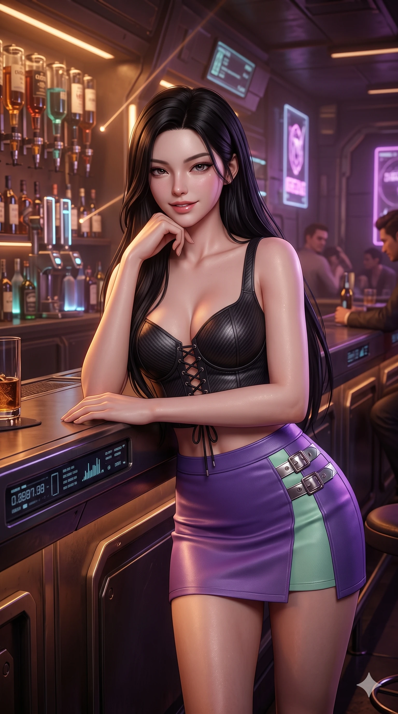 score_9, masterpiece, best quality, ultra-detailed, high-budget anime keyframe, semi-realistic 3D game render, editorial fashion photography, tasteful artistic composition, Korean woman. close-up cowboy shot from the waist and thighs up, the character dominates the composition, filling the frame with her large presence. resting one elbow on the diagnostic terminal and supporting her chin, leaning close to the camera with parted glossy lips and sparkling eyes while twisting her slender torso in an alluring S-curve, glowing liquor bottle illumination and soundwave lasers tracing her flat midriff and hourglass curves. The surrounding environment is rendered in vivid detail and crisp panoramic clarity: detailed vinyl crop top tailoring, delicate strap hardware, and luxurious underground lounge interior in razor-sharp precision. She has an exceptionally elegant, slender, and willowy female figure with an ultra-slim waist, flat toned midriff, narrow ribcage, and sculpted feminine hips creating an alluring, slim hourglass silhouette without bulk. sharp v-shaped jawline, high-bridge nose, intricate jewel-like sparkling eyes with depth, thick eyelashes, glossy parted lips with a natural sheen, bright confident smile with an enchanting and coquettish sensual glint, exuding both youthful magnetic charm and sovereign high-tech allure, flawlessly proportioned anatomical accuracy, strict slender model proportions, natural body alignment, perfectly sculpted long slender limbs, ultra-slim waistline, clean dynamic posture without body distortion. wearing a sculpted matte carbon underwire crop bustier with lace-up side ties paired with a low-rise micro skirt in phosphorescent ultraviolet amethyst and mint green, crafted from lightweight aerodynamic matte carbon-fiber weave with structural stiffness, finished with polished chrome buckle hardware and modular magnetic holster clasps, the impeccably tailored cut draping gracefully along her slender figure with aristocratic poise. bathed in the warm, moody amber and soft purple under-counter mood lighting with crisp laser accent beams. highly saturated vibrant anime colors, detailed shading with soft gradients, rich glossy textures, high-contrast stereoscopic depth, volumetric dynamic lighting, master piece, 9:16 ratio