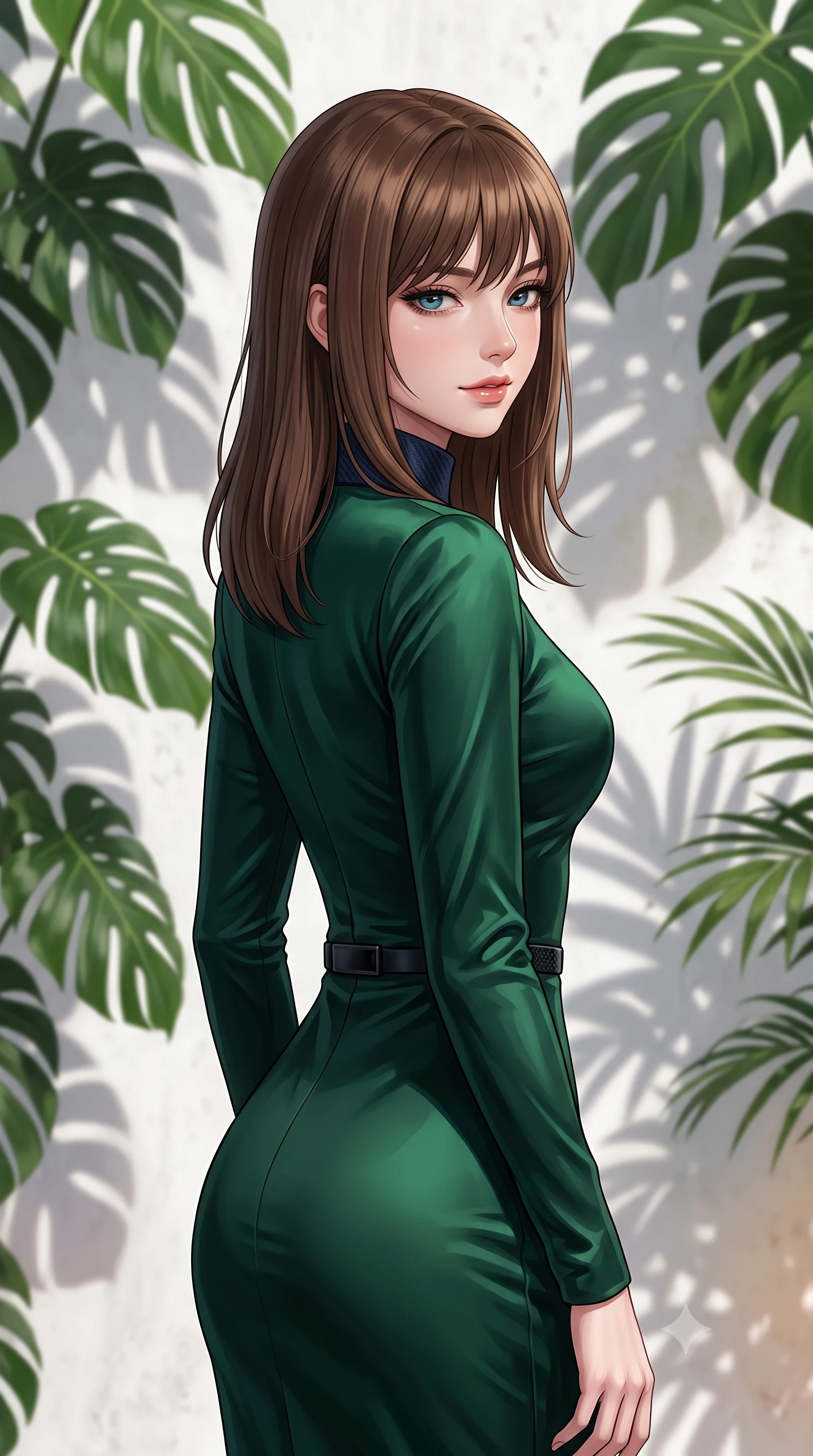 score_9, masterpiece, best quality, ultra-detailed, high-budget anime keyframe, editorial fashion photography, tasteful artistic composition, Korean woman. close-up cowboy shot from the waist and thighs up, the character dominates the composition, filling the frame with her large presence, background elements kept in soft focus. Glancing sidelong over her shoulder with a smoldering, enigmatic half-smile, resting against a white plaster wall wrapped in lush green monstera shadows, effortless summer resort luxury aesthetic. She has an exceptionally elegant, slender, and willowy female figure with an ultra-slim waist, a gracefully sculpted slender torso, and a refined silhouette. sharp v-shaped jawline, high-bridge nose, intricate jewel-like eyes with depth, thick eyelashes, glossy lips with a natural sheen. wearing long-sleeved dark emerald satin gown with high structured collar in midnight navy blue, made of matte carbon-fiber weave, adorned with minimalist black onyx hardware framing the silhouette, the fitted fabric emphasizing her ultra-slim waist. illuminated by clear natural daylight and warm fill light from white stone. highly saturated vibrant anime colors, detailed shading with soft gradients, rich glossy textures, high-contrast stereoscopic depth, volumetric dynamic lighting, master piece, 9:16 ratio