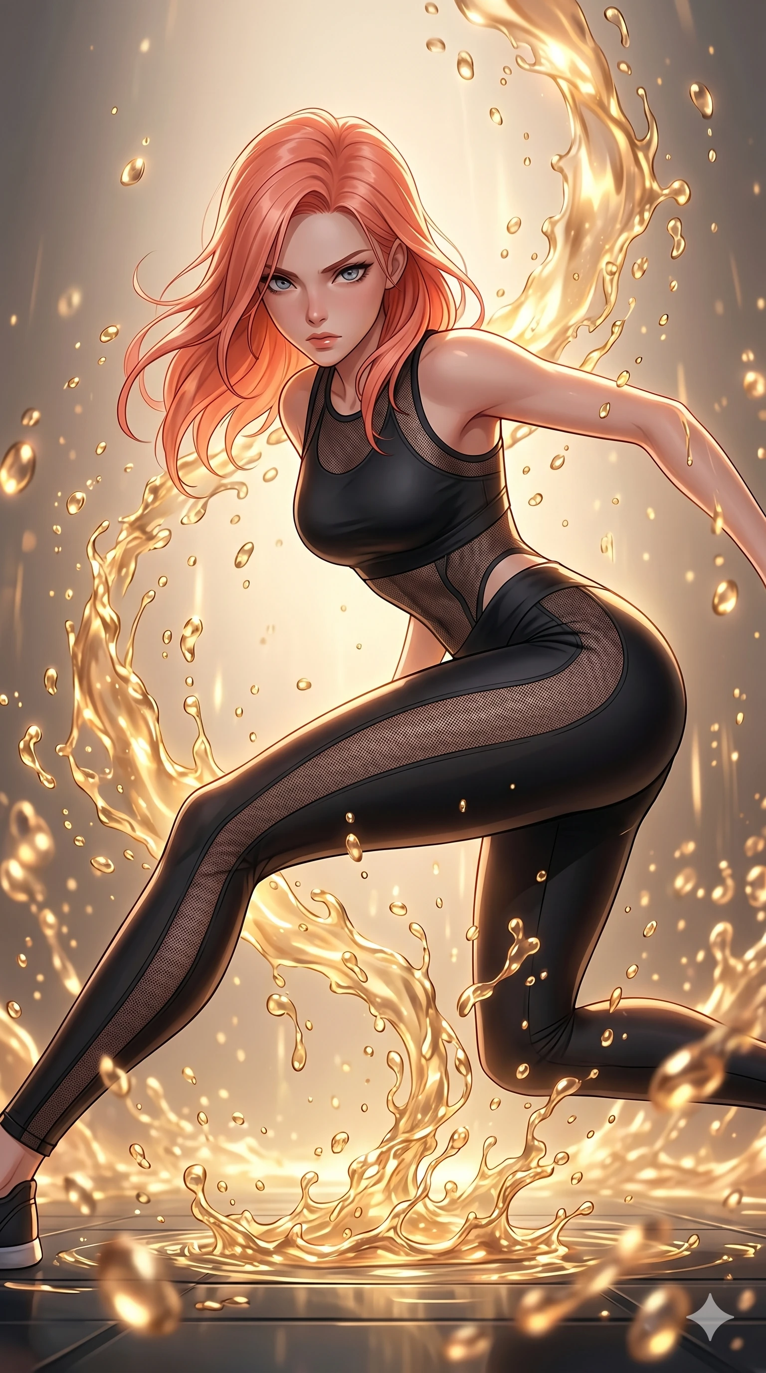 score_9, masterpiece, best quality, ultra-detailed, high-budget anime keyframe, Japanese woman. upper body close-up from the thighs up, character filling the screen for maximum presence. dodging ethereal liquid gold rain that rises upward from the ground in warm shimmering droplets under an inverted gravity field. She has an absolutely perfect 8-heads proportion, an exceptionally tall and slender female figure with impossibly long slender legs and an ultra-slim waist. V-shaped jawline, high-bridge nose, intricate jewel-like eyes with depth, thick eyelashes, glossy lips with a natural sheen.. wearing a sheer mesh athleisure set, featuring a tight matte black top and leggings with semi-opaque mesh panels tracing the curves of her waist and thighs. lit by a soft glowing ambient light and a sharp side key light that traces the sleek contours of her athletic build. 2k, ultra detail, master piece, 9:16 ratio