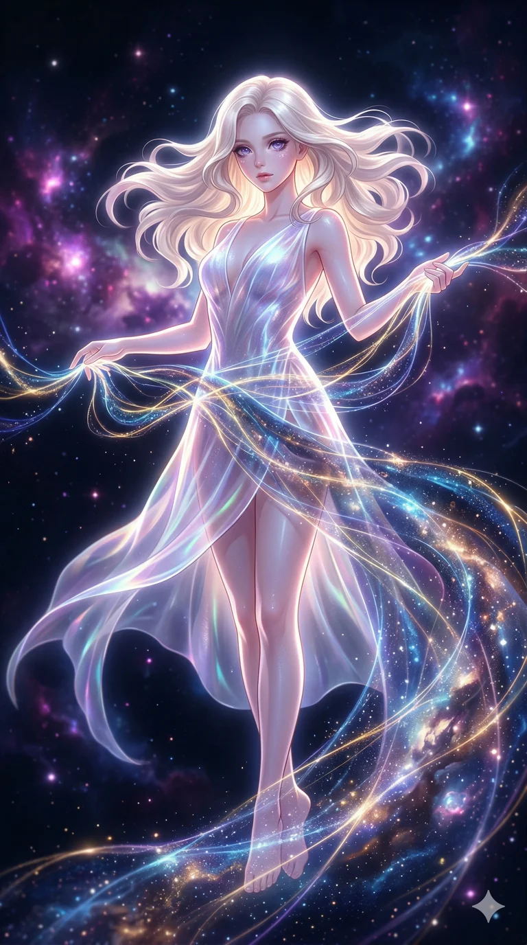 score_9, masterpiece, best quality, ultra-detailed, semi-realistic high-budget anime keyframe, an incredibly beautiful ethereal Caucasian woman with flawless pale skin (strictly human ears). Dynamic full-body shot stretching vertically. She is a star-maiden weaving a galaxy into a tapestry of light. She has an absolutely perfect 8-heads proportion, a towering female figure with long slender legs and a delicate skinny body. Her face is a masterpiece with platinum blonde hair and jewel-like eyes. She is wearing a translucent plastic dress glowing with inner light, highlighting her alluring silhouette. Void of space and glowing nebulae, dramatic rim lighting, radiant glowing skin, 2k, ultra detail, master piece, 9:16 ratio
