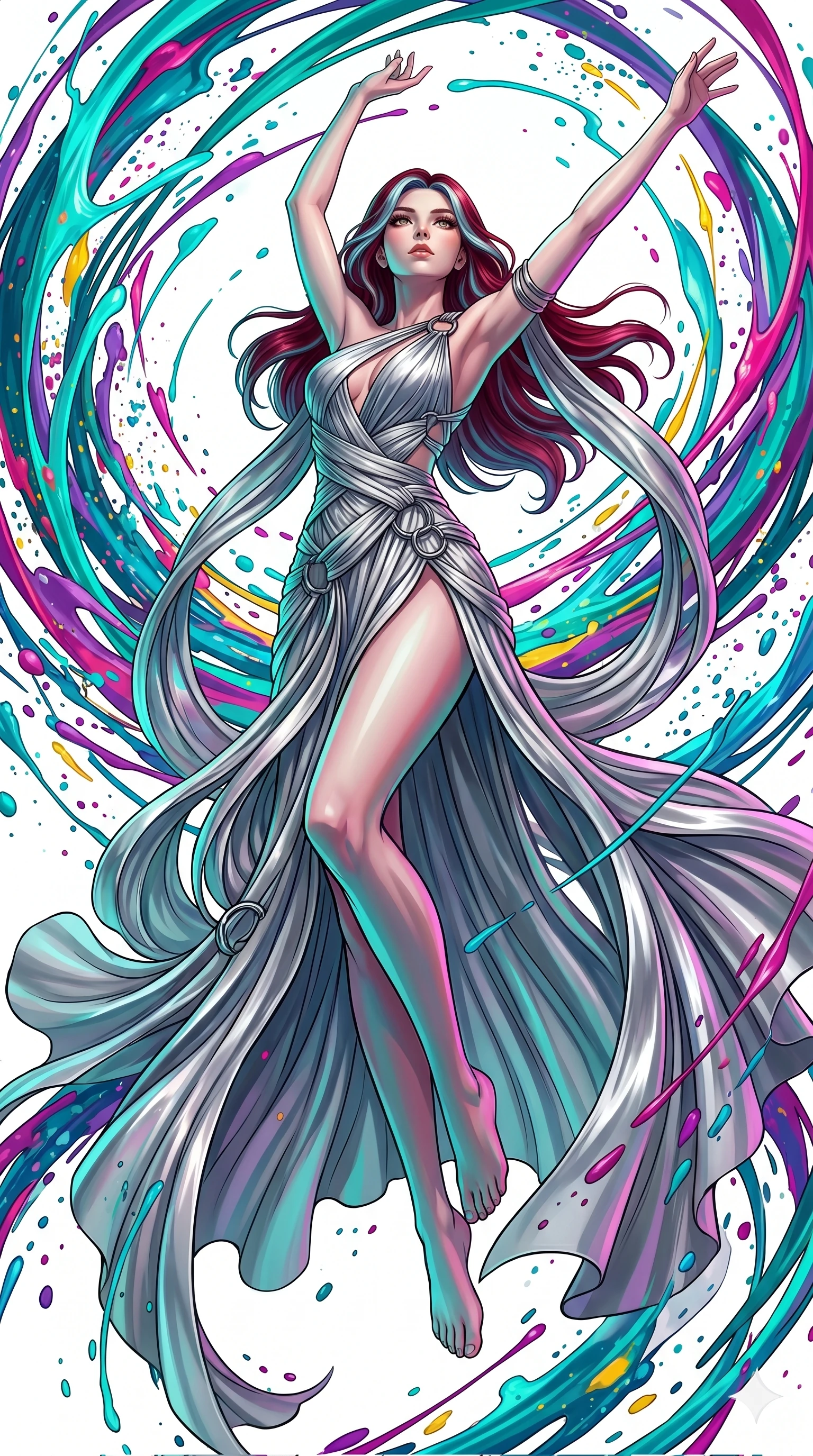 score_9, masterpiece, best quality, ultra-detailed, high-budget anime keyframe, Caucasian woman, strictly human ears. low angle full-body shot filling the entire 9:16 frame with her statuesque presence, stretching the vertical silhouette. leaping into a vorticist paint splatter dimension where thousands of vivid acrylic paint ribbons and splatters swirl around her in a white gallery void. She has an absolutely perfect 8-heads proportion, an exceptionally tall and slender female figure with impossibly long slender legs and an ultra-slim waist. V-shaped jawline, high-bridge nose, intricate jewel-like eyes with depth, thick eyelashes, glossy lips with a natural sheen.. wearing a draped Grecian cyber-gown, featuring draped silver metallic chiffon held by metal ring hardware, displaying a high-leg line. accented by dynamic color-blocked lighting with high-contrast shadows emphasizing her statuesque height. 2k, ultra detail, master piece, 9:16 ratio