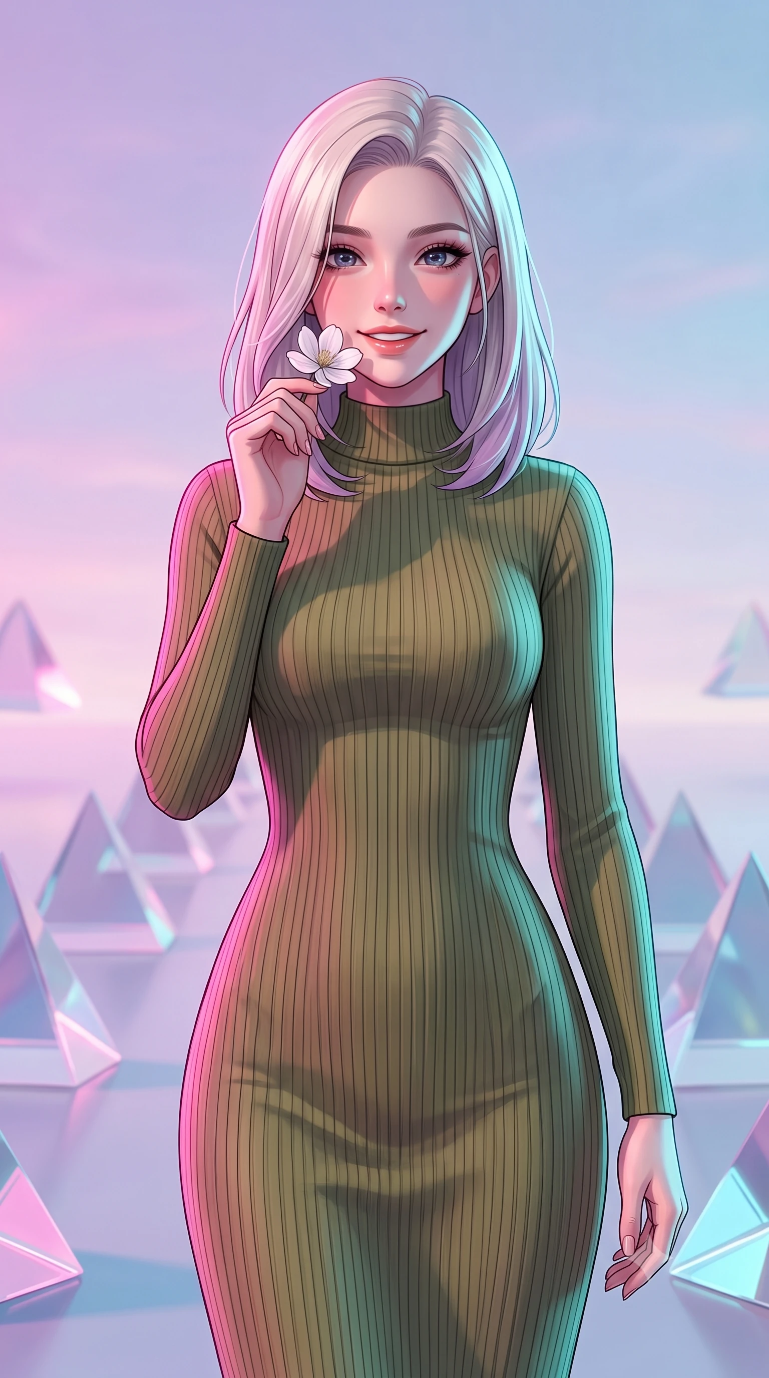 score_9, masterpiece, best quality, ultra-detailed, high-budget anime keyframe, editorial fashion photography, tasteful artistic composition, Caucasian woman, strictly human ears. close-up cowboy shot from the waist and thighs up, the character dominates the composition, filling the frame with her large presence, background elements kept in soft focus. Holding a delicate flower near her cheek, smiling with dreamy happiness. set against a soft-focus background of on a pathway made of solid triangular glass prisms floating in a pastel sky, bending all light that passes through it. She has an exceptionally elegant, slender, and willowy female figure with a highly-defined ultra-slim waist, a gracefully sculpted slender torso, and a refined slim-fit silhouette that contours her form. sharp v-shaped jawline, high-bridge nose, intricate jewel-like eyes with depth, thick eyelashes, glossy lips with a natural sheen. wearing a form-fitting olive green ribbed-knit midi dress with a high collar, contouring her willowy torso and narrow waist. dual-tone lighting with hot magenta from the left and cool cyan from the right. 2k, ultra detail, master piece, 9:16 ratio