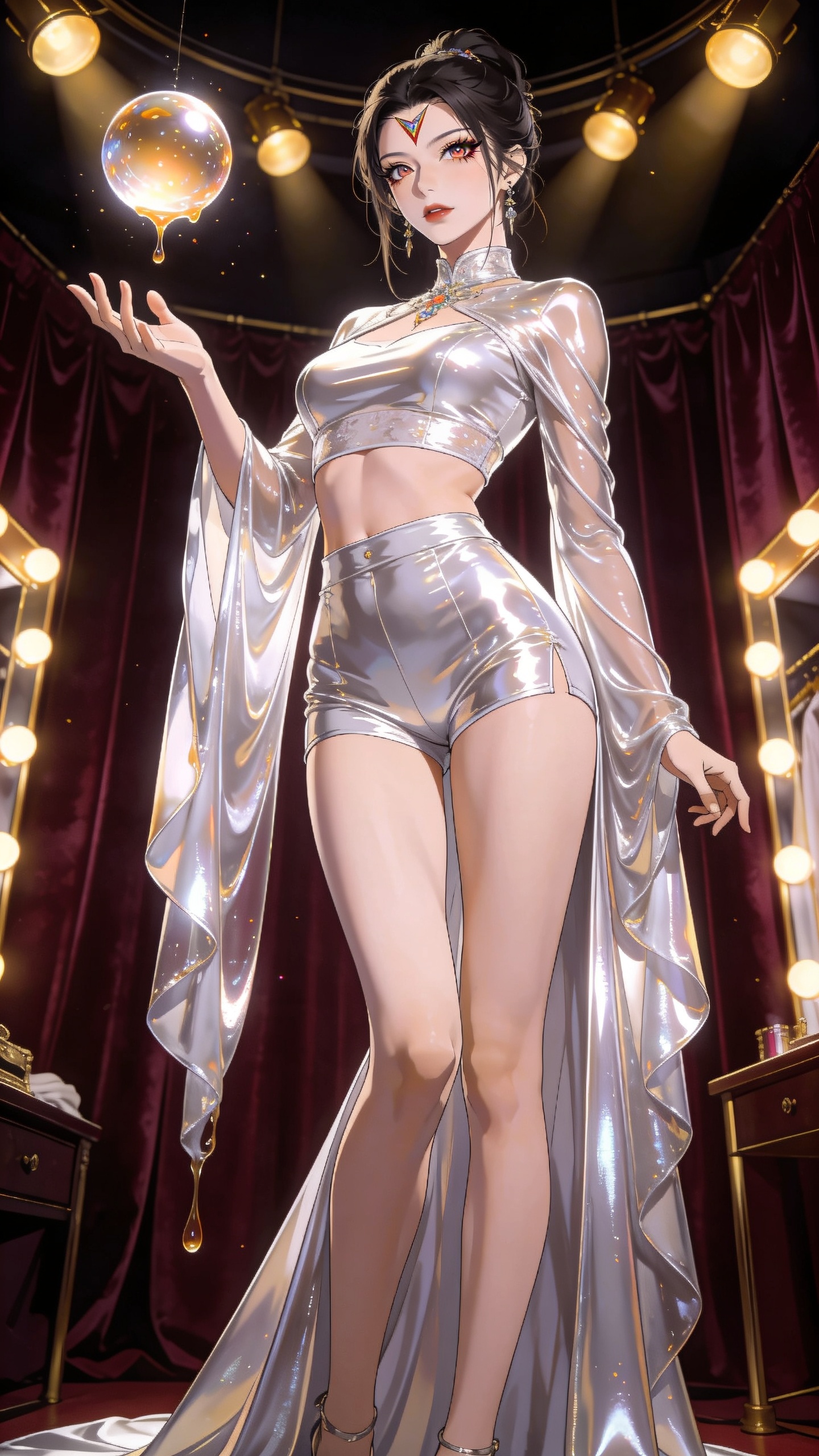 score_9, masterpiece, best quality, ultra-detailed, High-budget Anime Keyframe, East Asian woman. Low angle cowboy shot filling the entire 9:16 frame with her statuesque presence. Scenario 474: reaching out to catch a floating sphere of liquid light in a velvet-lined dressing room illuminated by soft golden spotlights. Her presence is magnetic and overpowering in this high-budget anime scene. Outfit 474: a body-hugging liquid silver shimmering chiffon gown worn over an opaque crop top and high-waisted shorts. The clothing is designed to emphasize her exceptionally tall and slender 8-heads proportion. 8-heads proportion, towering silhouette, ultra-slim waist. sharp v-shaped jawline, intricate jewel-like eyes with depth, thick eyelashes, glossy lips. 2k, ultra detail, master piece, 9:16 ratio