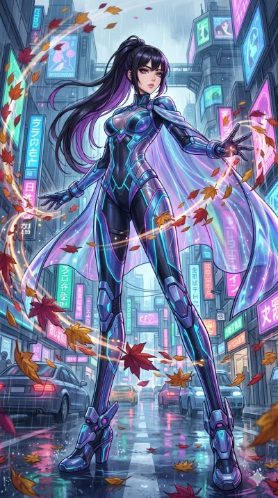 score_9, masterpiece, best quality, ultra-detailed, High-budget Anime Keyframe, beautiful Korean anime girl. Low angle cowboy shot filling the entire 9:16 frame with her statuesque presence. Summoning a vortex of colorful leaves in a futuristic Tokyo