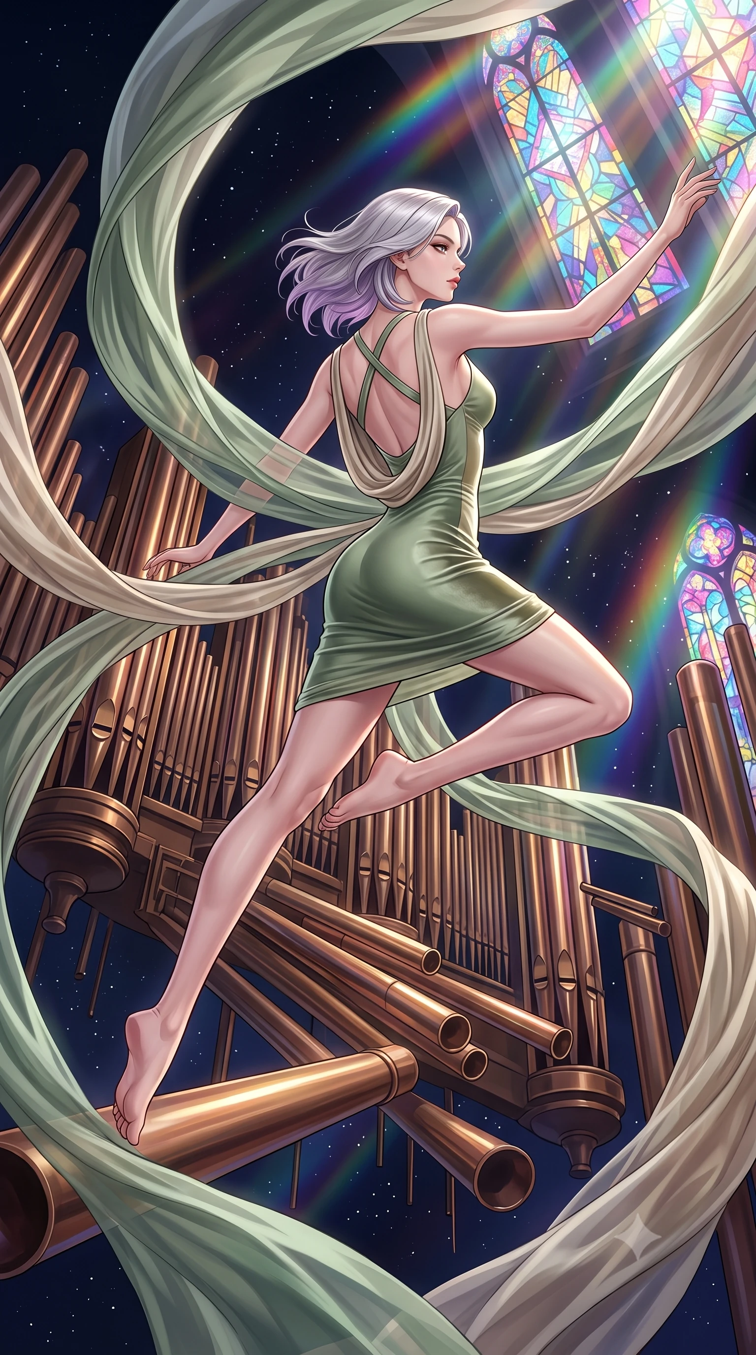 score_9, masterpiece, best quality, ultra-detailed, high-budget anime keyframe, editorial fashion photography, tasteful artistic composition, Caucasian woman. low angle full-body shot from head to toe showing her feet, filling the entire 9:16 vertical frame with her statuesque presence, stretching her vertical silhouette. leaping gracefully through mid-air with statuesque elegance, her impossibly long slender legs stretched in perfect balance while leaping gracefully across massive bronze pipe organ tubes suspended in deep space, translucent silk drapes swirling in a dynamic cosmic wind vortex. She has an absolutely perfect, statuesque 8.5-heads proportion, an exceptionally tall and slender model-like female figure with impossibly long slender legs and an ultra-slim waist. sharp v-shaped jawline, high-bridge nose, intricate jewel-like eyes with depth, thick eyelashes, glossy lips with a natural sheen, flawlessly proportioned anatomical accuracy, natural body alignment, perfectly sculpted elegant limbs, clean dynamic posture without body distortion. wearing a precision-fitted liquid jersey bodycon dress with a graceful draped back in sage green and oatmeal, made of premium stretch velvet with a rich sheen, complemented by criss-cross back straps highlighting her bare shoulders, the sleek second-skin texture accentuating her magnetic presence. illuminated by cascading rainbow prismatic light refracting through stained glass. highly saturated vibrant anime colors, detailed shading with soft gradients, rich glossy textures, high-contrast stereoscopic depth, volumetric dynamic lighting, master piece, 9:16 ratio