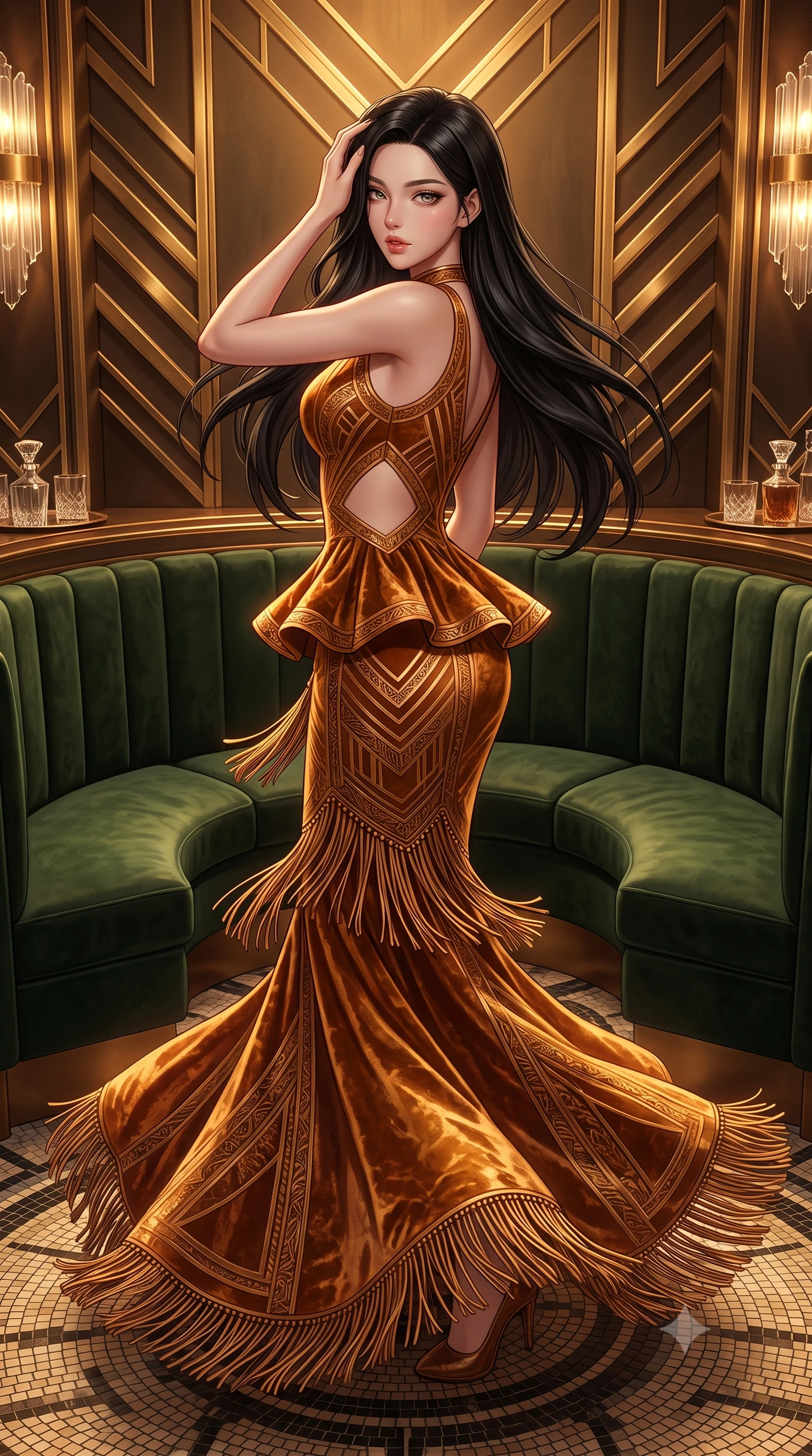 score_9, masterpiece, best quality, ultra-detailed, high-budget anime keyframe, semi-realistic 3D game render, editorial fashion photography, tasteful artistic composition, Korean woman. low angle full-body shot from head to toe showing her feet, filling the entire 9:16 vertical frame with her statuesque presence, stretching her vertical silhouette. executing an elegant mid-motion pivot turn as garments swirl around her slender limbs, glancing over her shoulder with an intoxicating bedroom-gaze while lounging languidly in a circular VIP booth of emerald velvet, running fingers through her glossy hair as jazz music drifts. The surrounding environment is rendered in vivid detail and crisp panoramic clarity. sharp geometric brass chevron wall moldings, crystal glass facets, and velvet fabric pile in deep focus. She has an absolutely perfect, statuesque 8.5-heads proportion, an exceptionally tall and slender model-like female figure with impossibly long slender legs, a toned flat midriff, an ultra-slim waist, and beautifully sculpted feminine hips. sharp v-shaped jawline, high-bridge nose, intricate jewel-like eyes with depth, thick eyelashes, glossy parted lips with a natural sheen, intensely captivating and seductive bedroom-eyes expression, flawlessly proportioned anatomical accuracy, strict slender model proportions, natural body alignment, perfectly sculpted long slender limbs, ultra-slim waistline, clean dynamic posture without body distortion. wearing a form-contouring Art Deco geometric peplum gown with side-waist diamond cutouts in rich whiskey amber and liquid bronze, crafted from heavyweight crushed silk velvet with liquid vintage luster, finished with tiered silk fringe tassels that sway with every feminine hip movement, the liquid-tight tailored fabric clinging flawlessly to her narrow waist and rounded feminine hips, emphasizing every millimeter of her sculpted hourglass curves during movement. bathed in warm incandescent chandelier warmth and vintage amber neon glow. highly saturated vibrant anime colors, detailed shading with soft gradients, rich glossy textures, high-contrast stereoscopic depth, volumetric dynamic lighting, master piece, 9:16 ratio