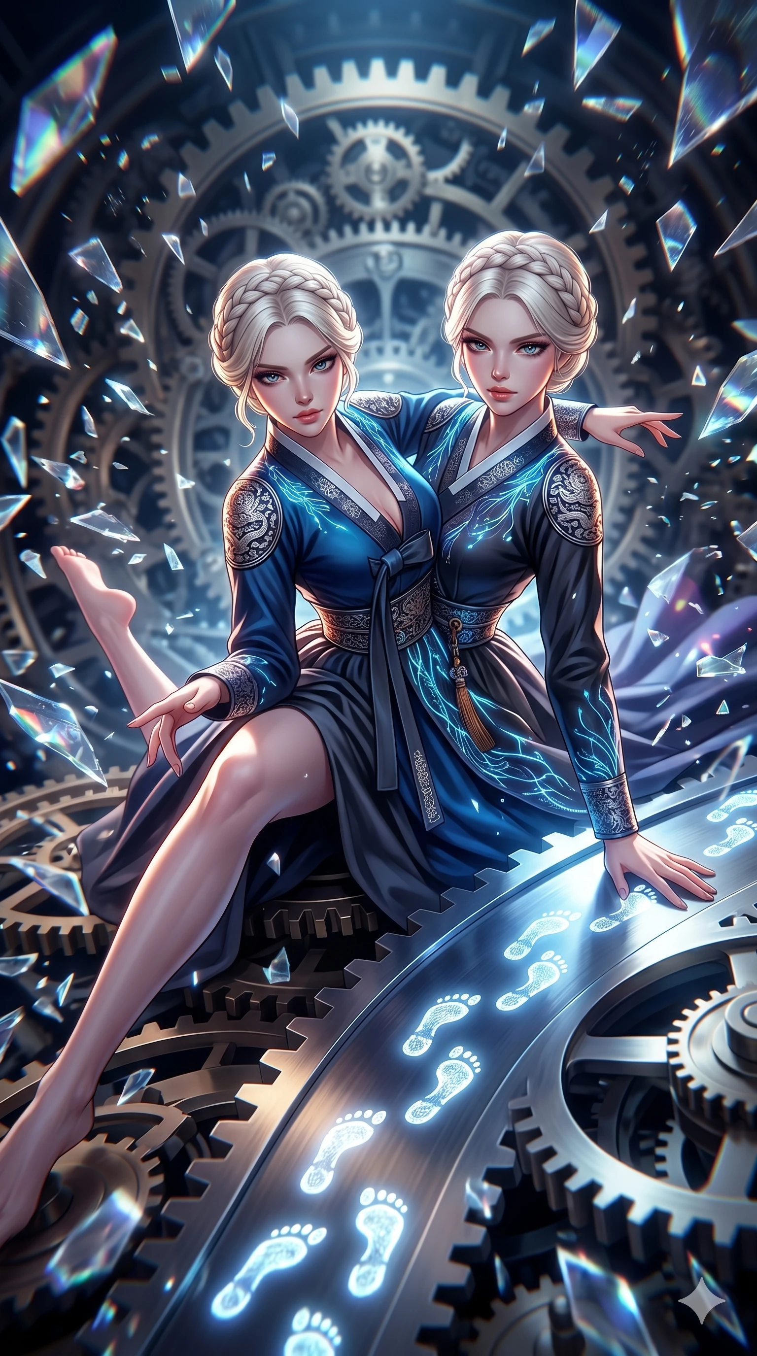 score_9, masterpiece, best quality, ultra-detailed, Set A: High-budget Anime Keyframe, Korean woman. Upper body close-up from the thighs up, character filling the screen for maximum presence. Sliding through a throne of gears, as she leaves a trail of 198 glowing footprints and surrounded by shattered glass fragments. She has an absolutely perfect 8-heads proportion, an exceptionally tall and slender female figure with impossibly long slender legs and an ultra-slim waist. Sharp v-shaped jawline, high-bridge nose, intricate jewel-like eyes with depth, thick eyelashes, glossy lips with a natural sheen. Wearing Deep-plunging silk cyber-hanbok with metallic traditional ornaments and glowing fiber-optic embroidery. Cinematic lighting, vibrant colors, dramatic shadows, 2k, ultra detail, master piece, 9:16 ratio