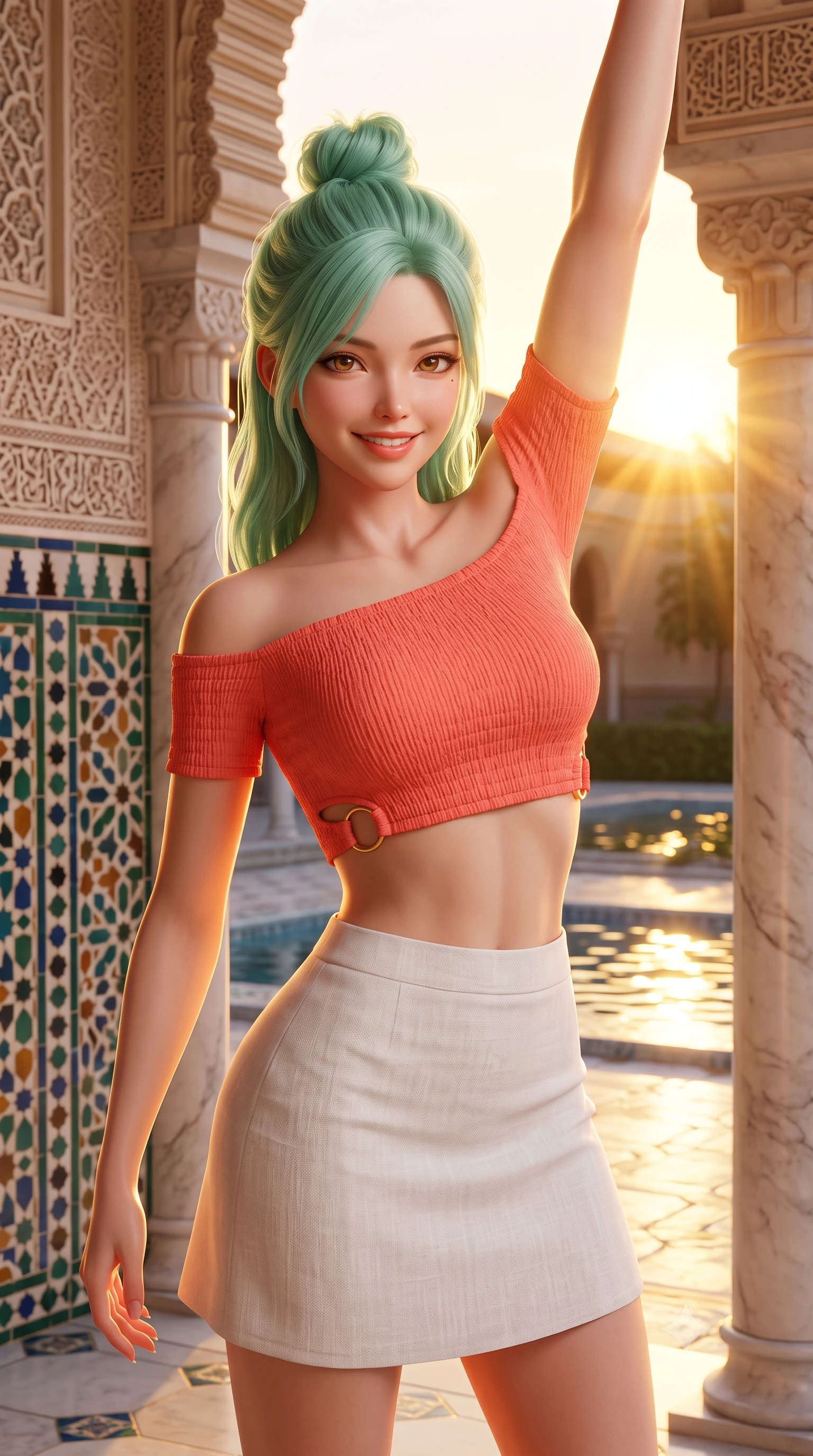 score_9, masterpiece, best quality, ultra-detailed, high-budget anime keyframe, semi-realistic 3D game render, editorial fashion photography, tasteful artistic composition, Japanese woman. close-up cowboy shot from the waist and thighs up, the character dominates the composition, filling the frame with her large presence. playfully stretching one arm overhead toward the setting sun, her radiant smile capturing fresh girlhood charm while her arched torso reveals an intoxicating hip contour while twisting her slender torso in an alluring contrapposto stance, Moorish tile reflections and golden sunbeams playing across her narrow waist and hips. The surrounding environment is rendered in vivid detail and crisp panoramic clarity. sharp glazed ceramic tile geometric reliefs, carved plaster lace textures, and smooth marble column gleam in deep focus. She has an exceptionally elegant, slender, and willowy female figure with an ultra-slim waist, flat toned midriff, narrow ribcage, and sculpted feminine hips creating an alluring, slim hourglass silhouette without bulk. sharp v-shaped jawline, high-bridge nose, sparkling amber-hazel eyes with depth, long lush eyelashes, glossy sun-kissed lips with a warm coral glaze, radiant teasing smile with sensual sunlit bedroom-eyes, exuding effortless old-money elegance and intoxicating sun-drenched allure, flawlessly proportioned anatomical accuracy, strict slender model proportions, natural body alignment, perfectly sculpted long slender limbs, ultra-slim waistline, clean dynamic posture without body distortion. wearing a chic off-shoulder smocked crop blouse paired with a tight high-waisted linen A-line mini skirt emphasizing her curvy hips in vibrant sunset coral and cloud white, formed from supple second-skin stretch ribbed knit clinging to her form, accented with sculptural gold ring hardware framing the subtle side cutouts, the form-fitting cut adhering flawlessly to her sculpted flat midriff and slender torso, emphasizing her long leg lines and perfectly proportioned willowy build. illuminated by water channel reflection fill and sharp warm-gold rim lighting defining her razor-sharp jawline, narrow waist, and curvy hips. highly saturated vibrant anime colors, detailed shading with soft gradients, rich glossy textures, high-contrast stereoscopic depth, volumetric dynamic lighting, master piece, 9:16 ratio